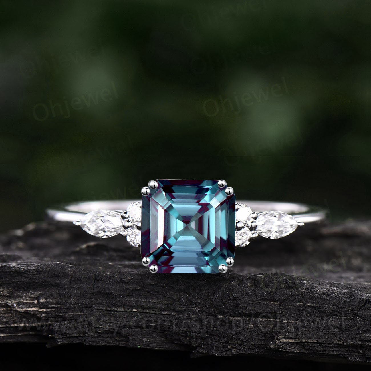 Asscher cut Alexandrite engagement ring set solid 14k rose gold art deco unique marquise diamond wedding bridal ring set for women jewelry