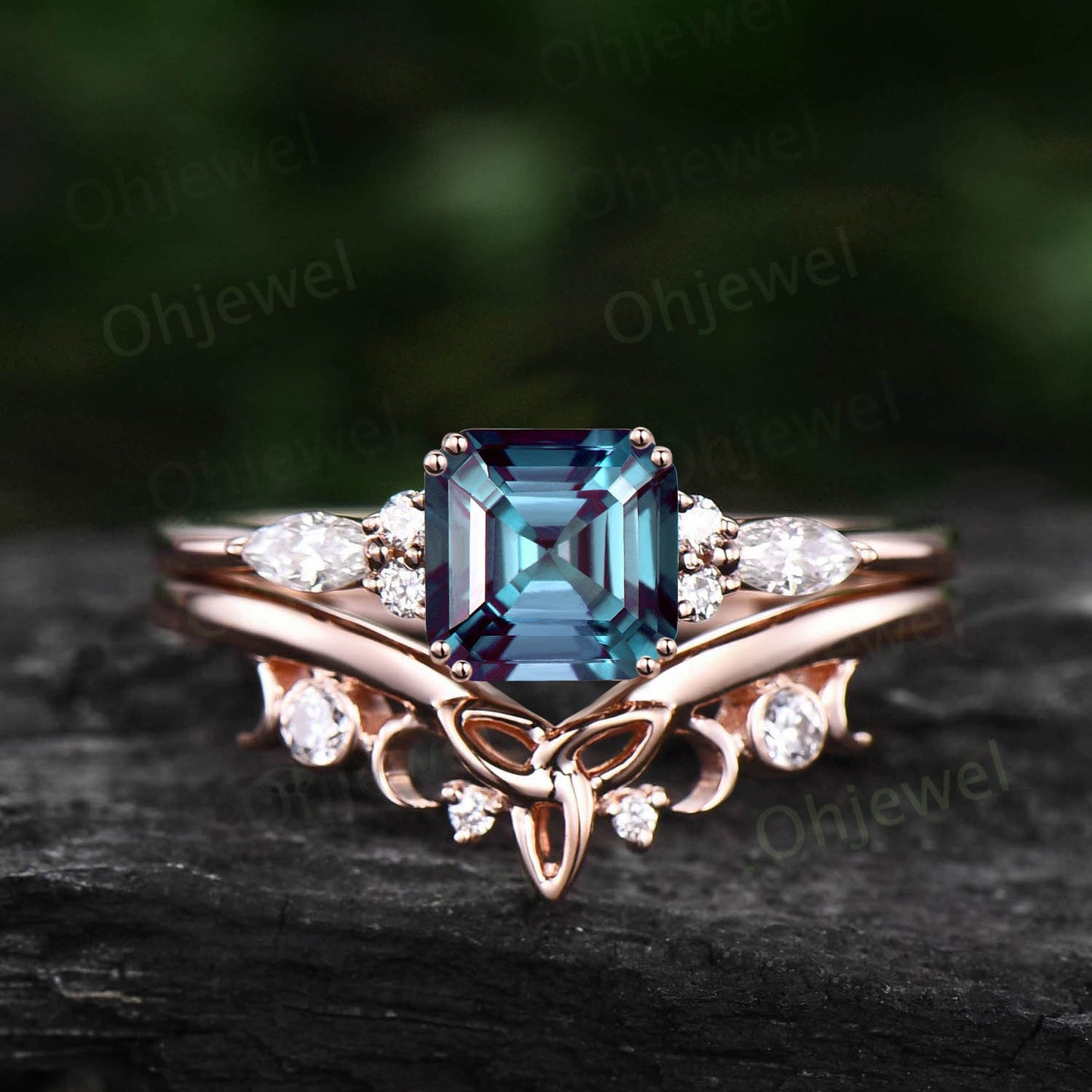 Asscher cut Alexandrite engagement ring set solid 14k rose gold art deco unique marquise diamond wedding bridal ring set for women jewelry
