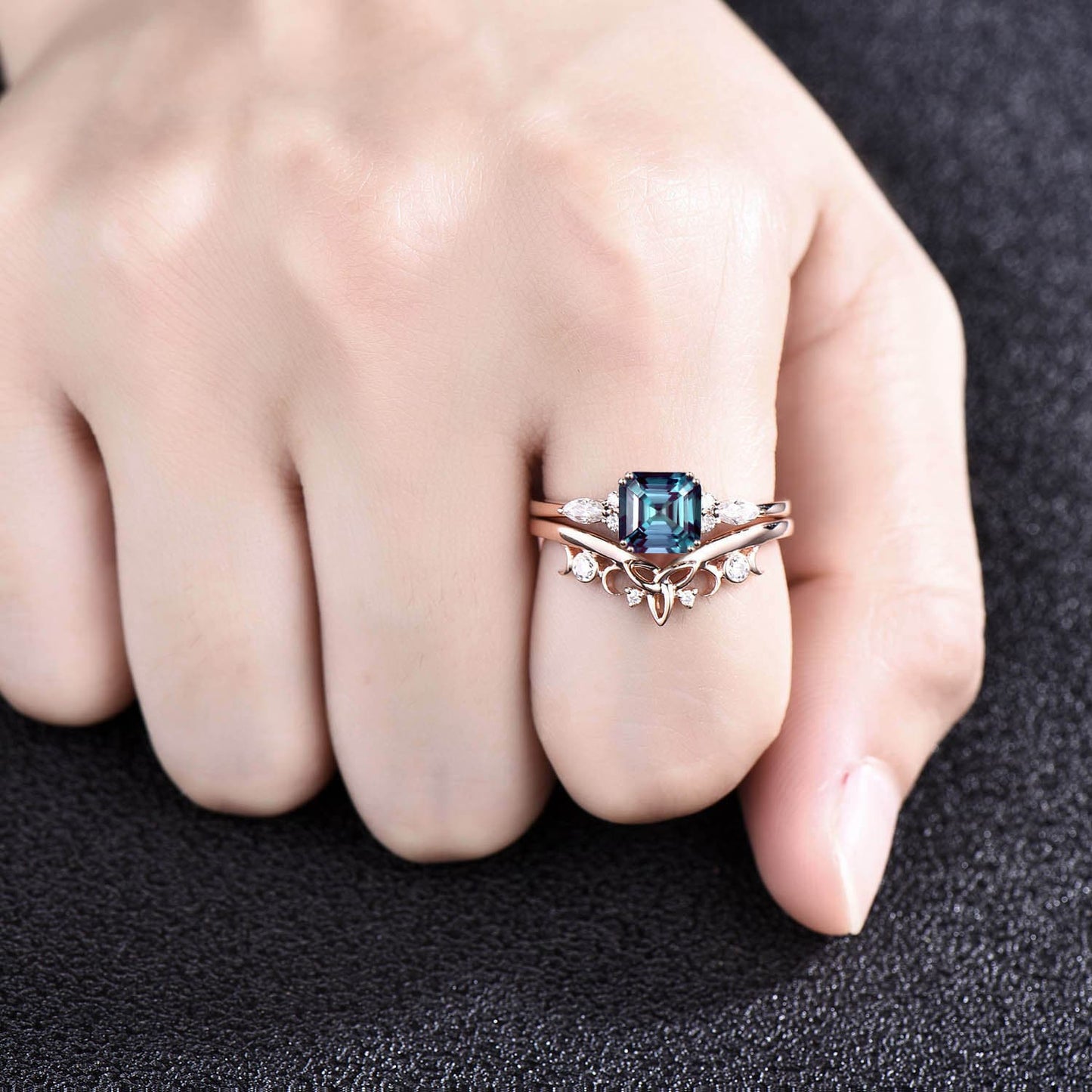 Asscher cut Alexandrite engagement ring set solid 14k rose gold art deco unique marquise diamond wedding bridal ring set for women jewelry
