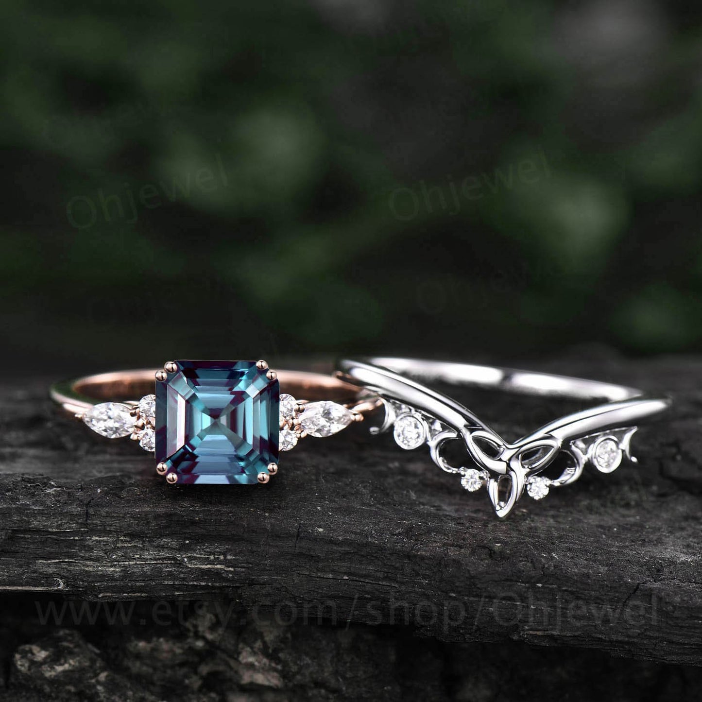 Asscher cut Alexandrite engagement ring set solid 14k rose gold art deco unique marquise diamond wedding bridal ring set for women jewelry