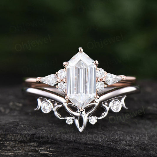 Vintage Hexagon cut Moissanite engagement ring set 14k rose gold unique anniversary ring set women dainty 6 prong kite cut ring jewelry