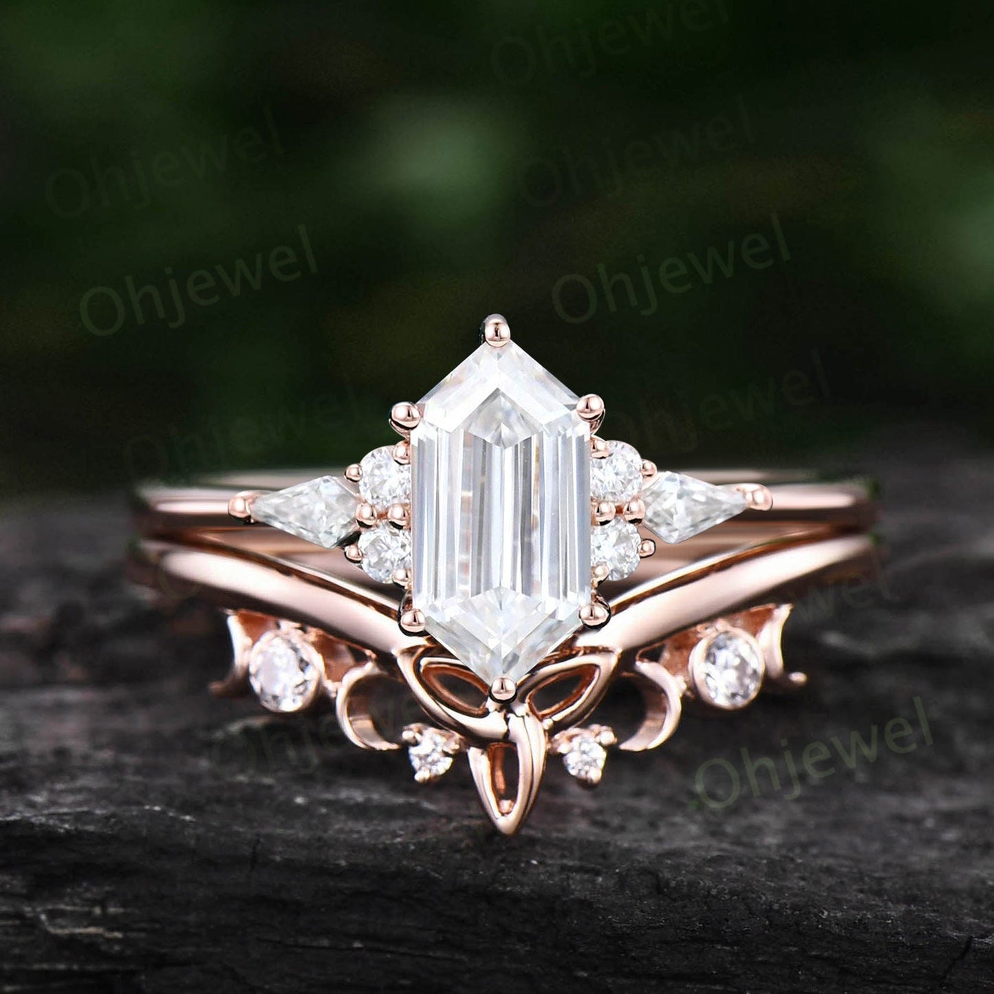 Vintage Hexagon cut Moissanite engagement ring set 14k rose gold unique anniversary ring set women dainty 6 prong kite cut ring jewelry