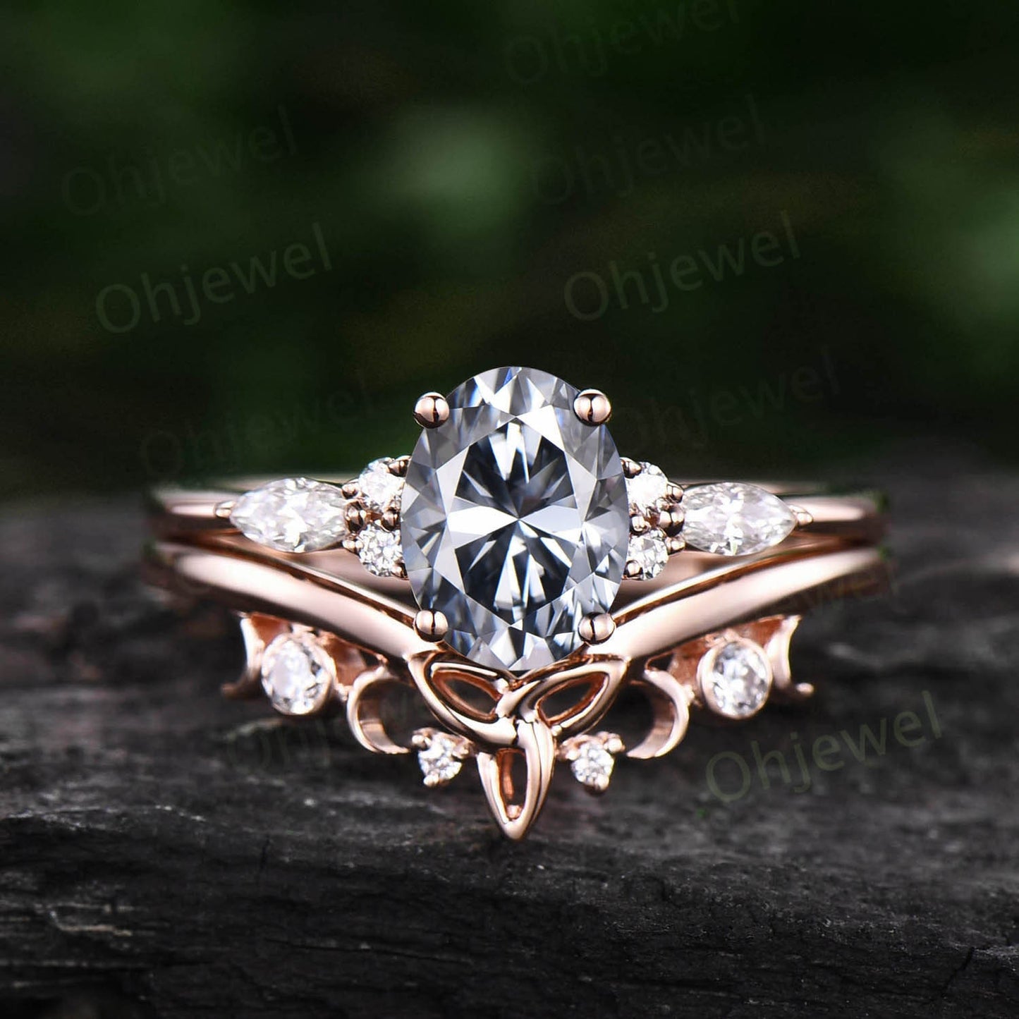 Unique oval cut gray moissanite engagement ring set rose gold vintage cluster marquise cut diamond promise wedding ring set for women gift