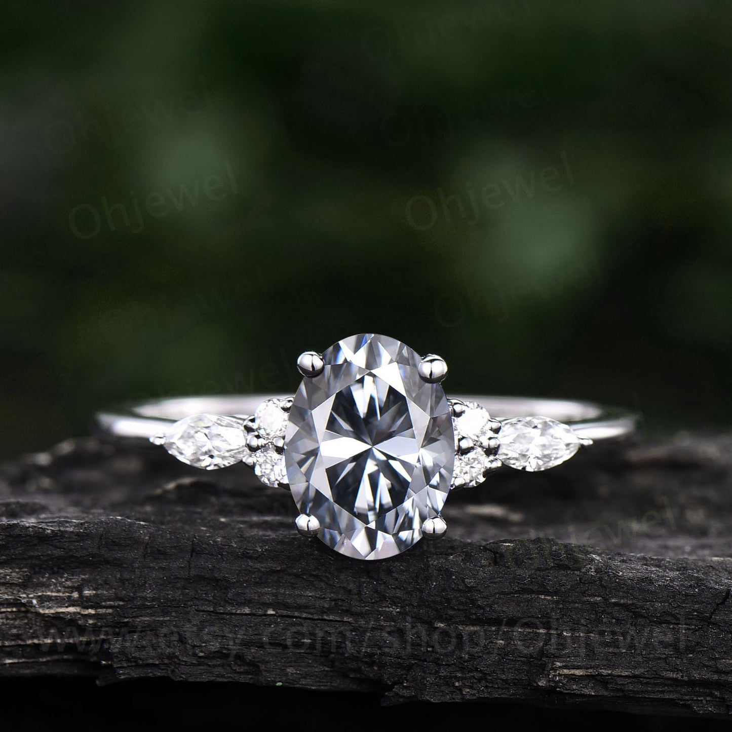 Unique oval cut gray moissanite engagement ring set rose gold vintage cluster marquise cut diamond promise wedding ring set for women gift