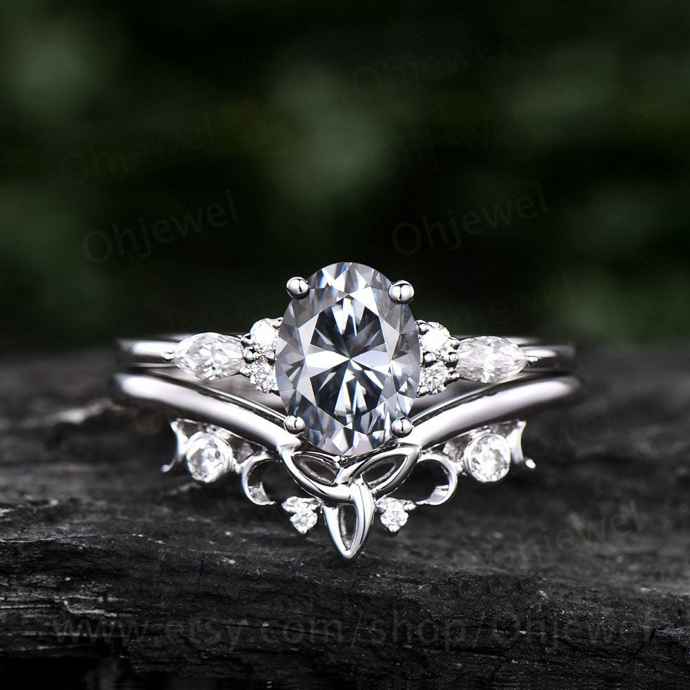 Unique oval cut gray moissanite engagement ring set rose gold vintage cluster marquise cut diamond promise wedding ring set for women gift