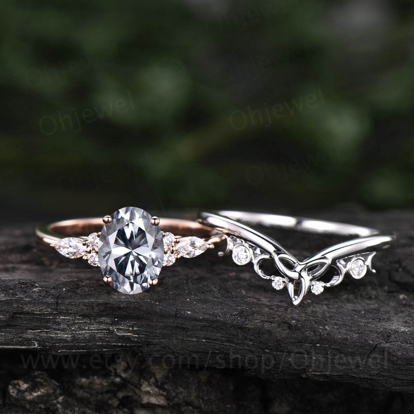 Unique oval cut gray moissanite engagement ring set rose gold vintage cluster marquise cut diamond promise wedding ring set for women gift
