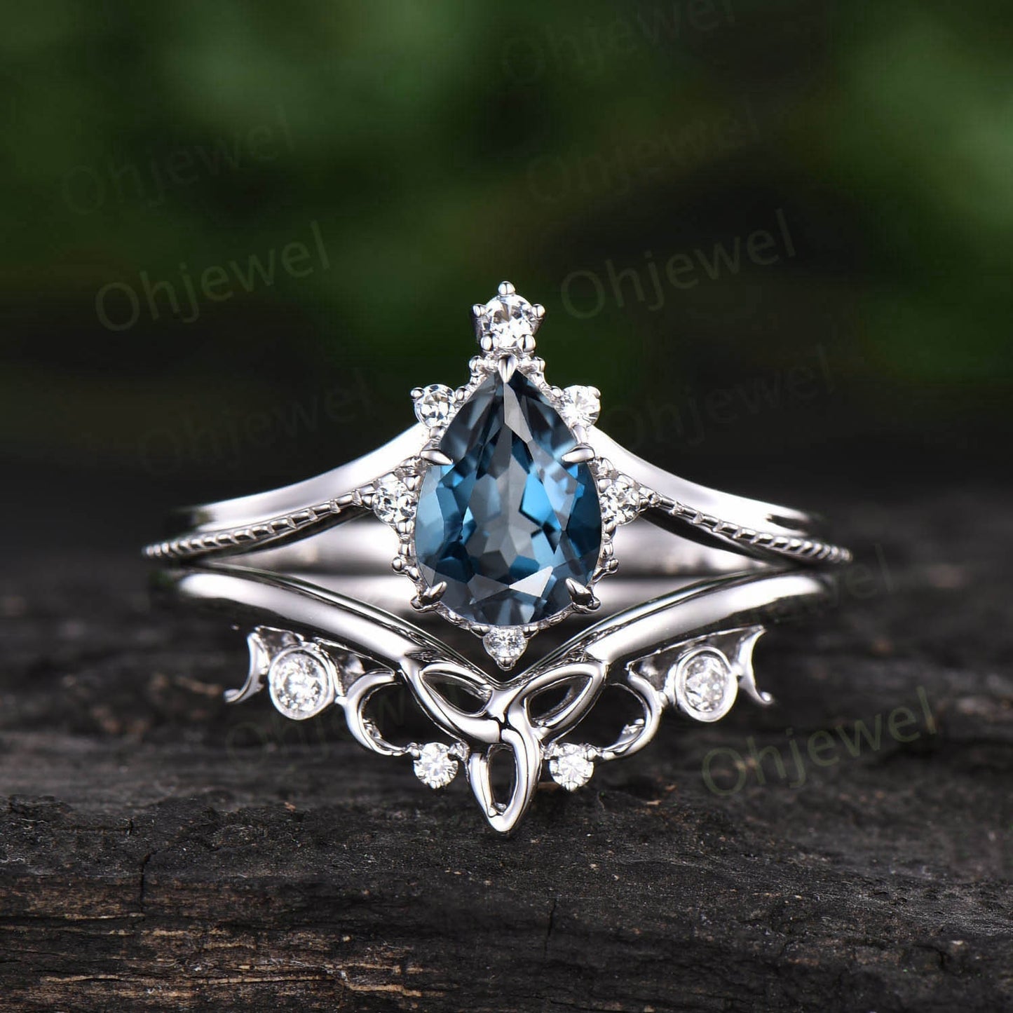 Vintage pear shaped London blue topaz engagement ring set rose gold cluster diamond ring dainty unique bridal wedding ring set women gift