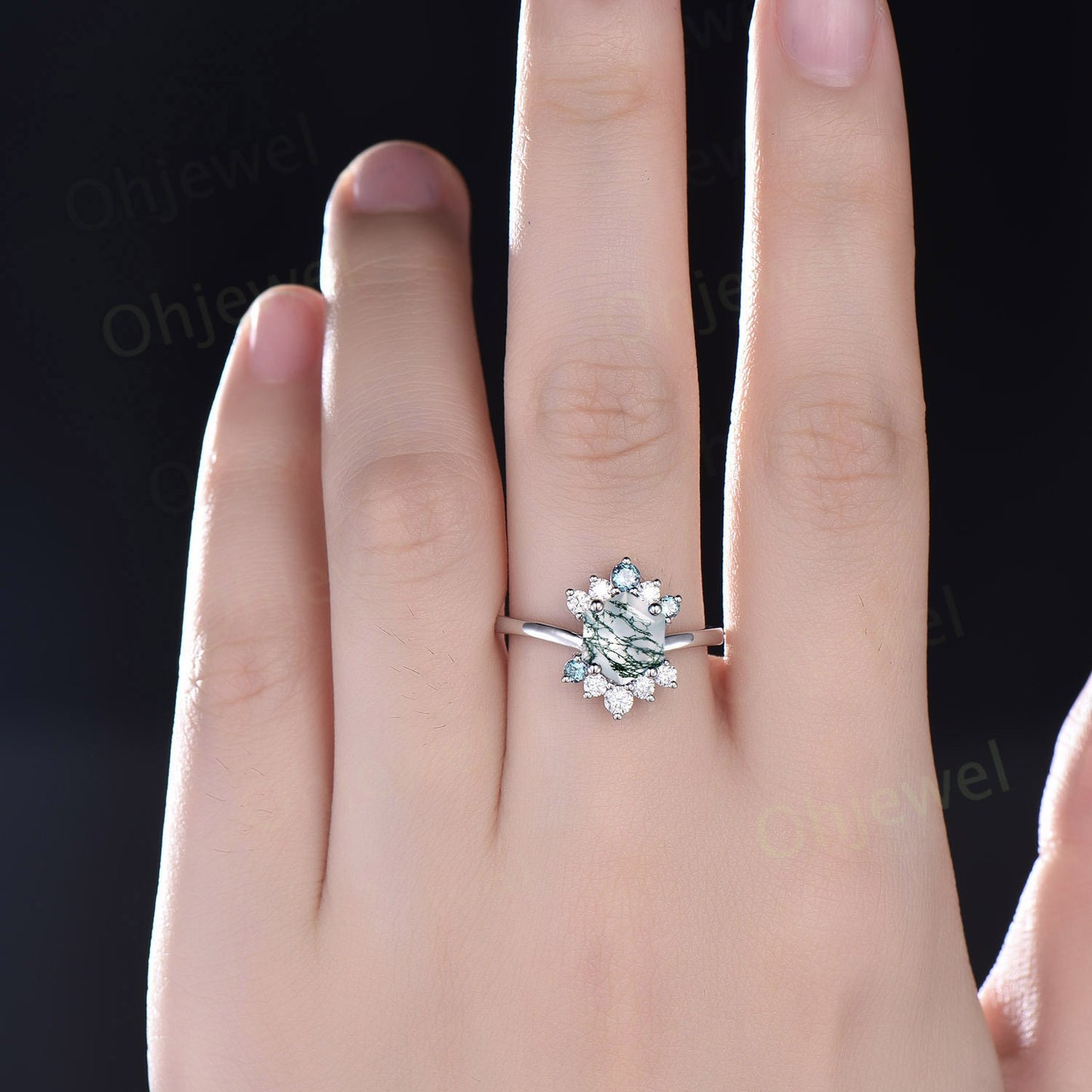7mm Hexagon cut green moss agate ring white gold vintage unique engagement ring for women cluster diamond alexandrite wedding ring silver