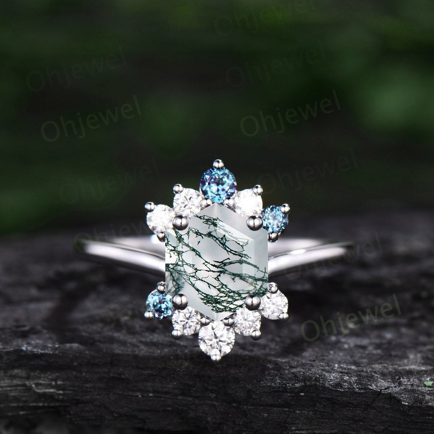 7mm Hexagon cut green moss agate ring white gold vintage unique engagement ring for women cluster diamond alexandrite wedding ring silver