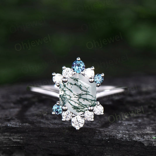 7mm Hexagon cut green moss agate ring white gold vintage unique engagement ring for women cluster diamond alexandrite wedding ring silver
