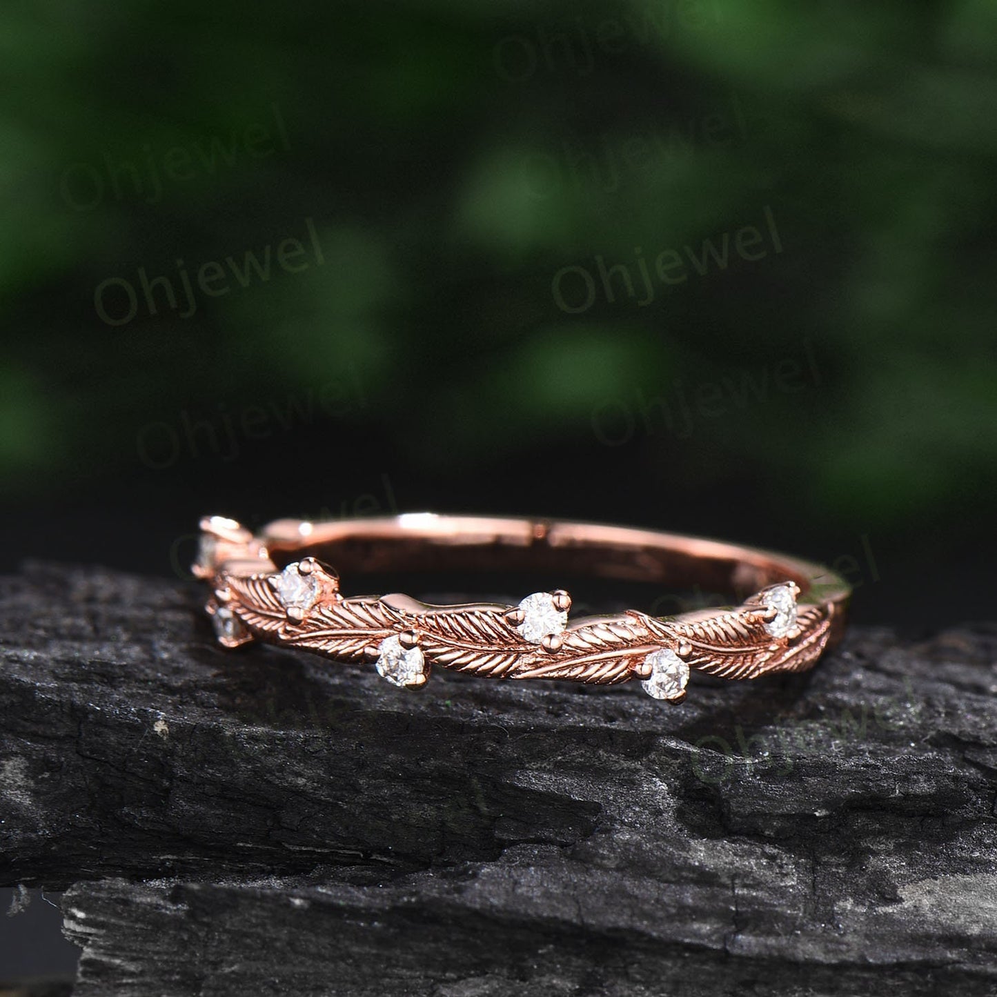 Twig diamond wedding band 14k rose gold branches leaf nature inspired wedding ring band unique vintage anniversary ring women gift for her