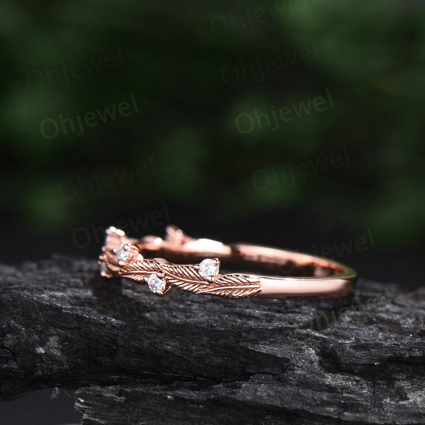 Twig diamond wedding band 14k rose gold branches leaf nature inspired wedding ring band unique vintage anniversary ring women gift for her