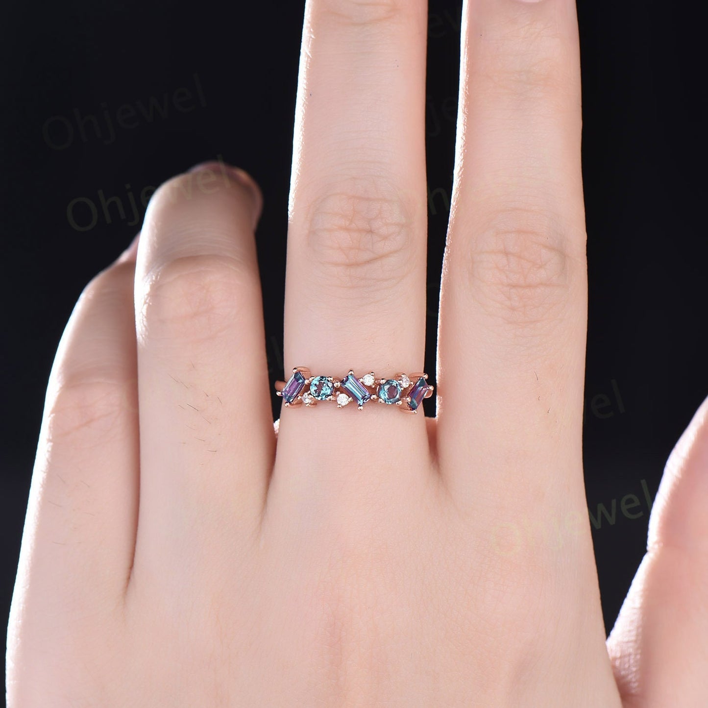 Baguette cut Alexandrite ring vintage solid 14k rose gold dainty moissanite wedding ring band women unique anniversary ring gift