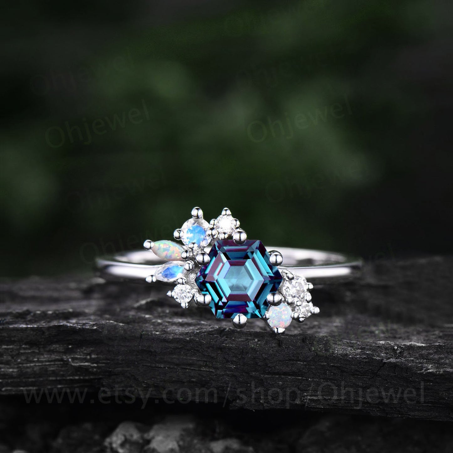 Hexagon cut Alexandrite engagement ring 14k rose gold marquise cut moonstone opal ring vintage diamond wedding anniversary ring women gift