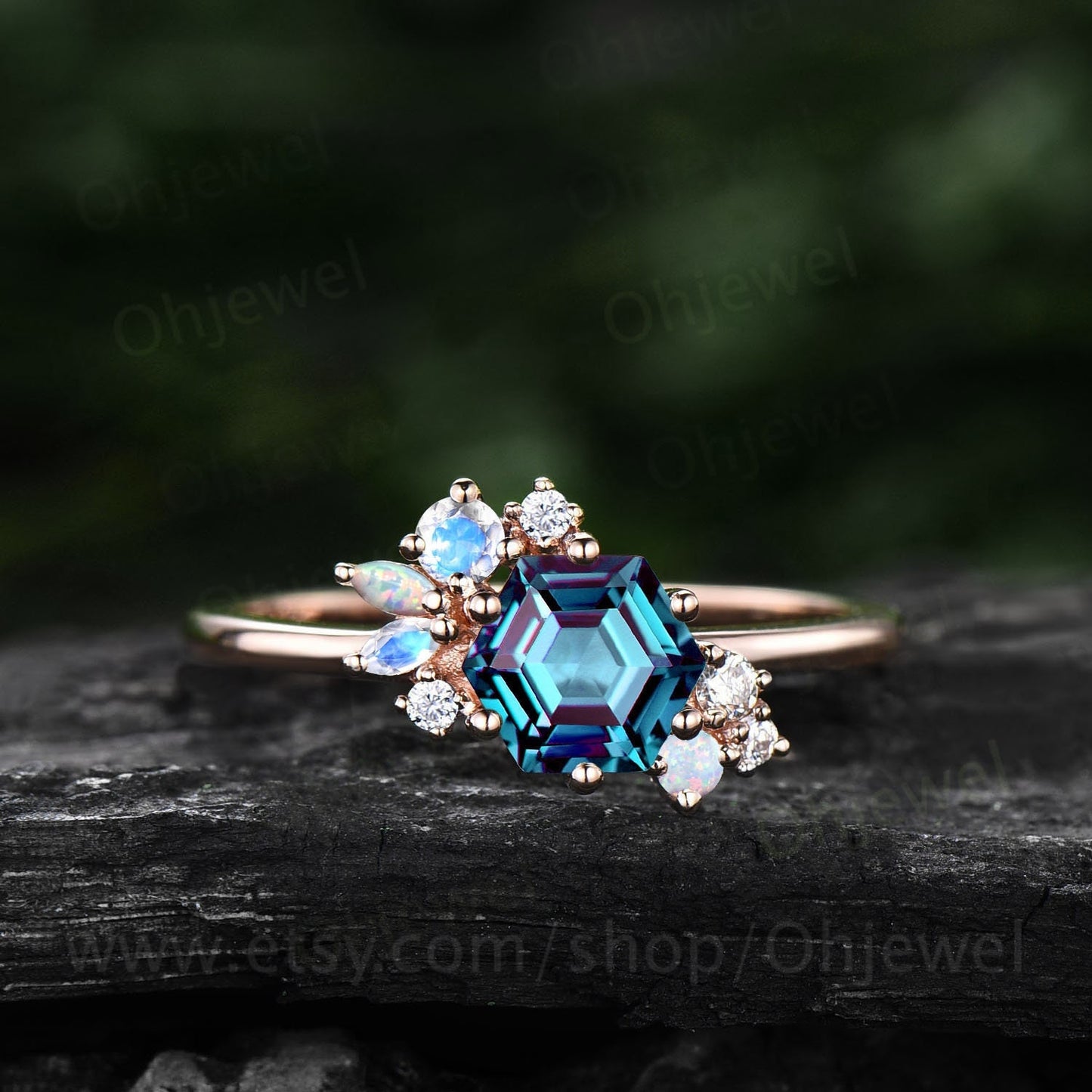 Hexagon cut Alexandrite engagement ring 14k rose gold marquise cut moonstone opal ring vintage diamond wedding anniversary ring women gift