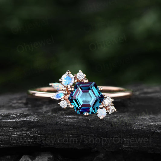 Hexagon cut Alexandrite engagement ring 14k rose gold marquise cut moonstone opal ring vintage diamond wedding anniversary ring women gift