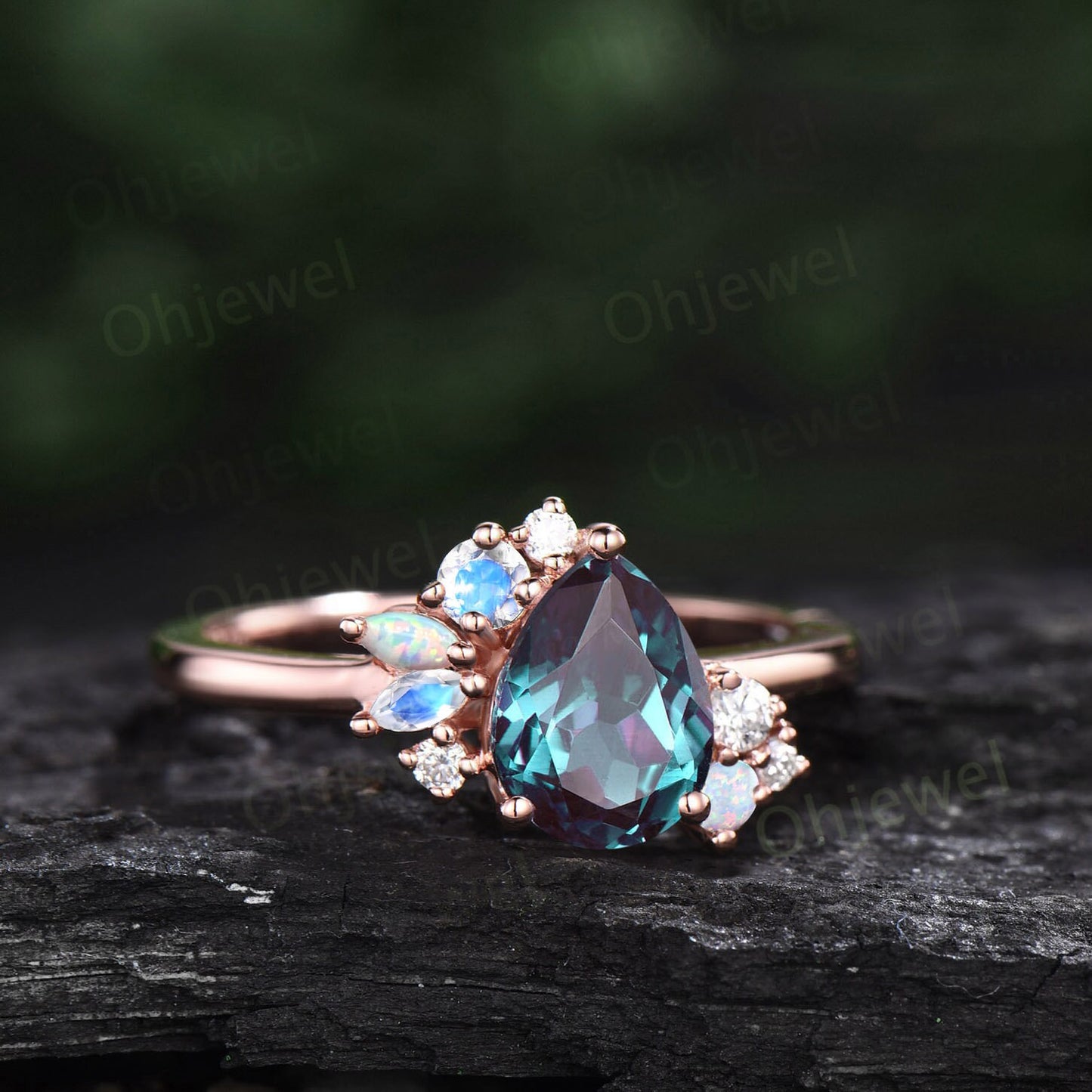 Pear shaped Alexandrite engagement ring 14k rose gold marquise cut moonstone opal ring vintage diamond wedding anniversary ring women gift