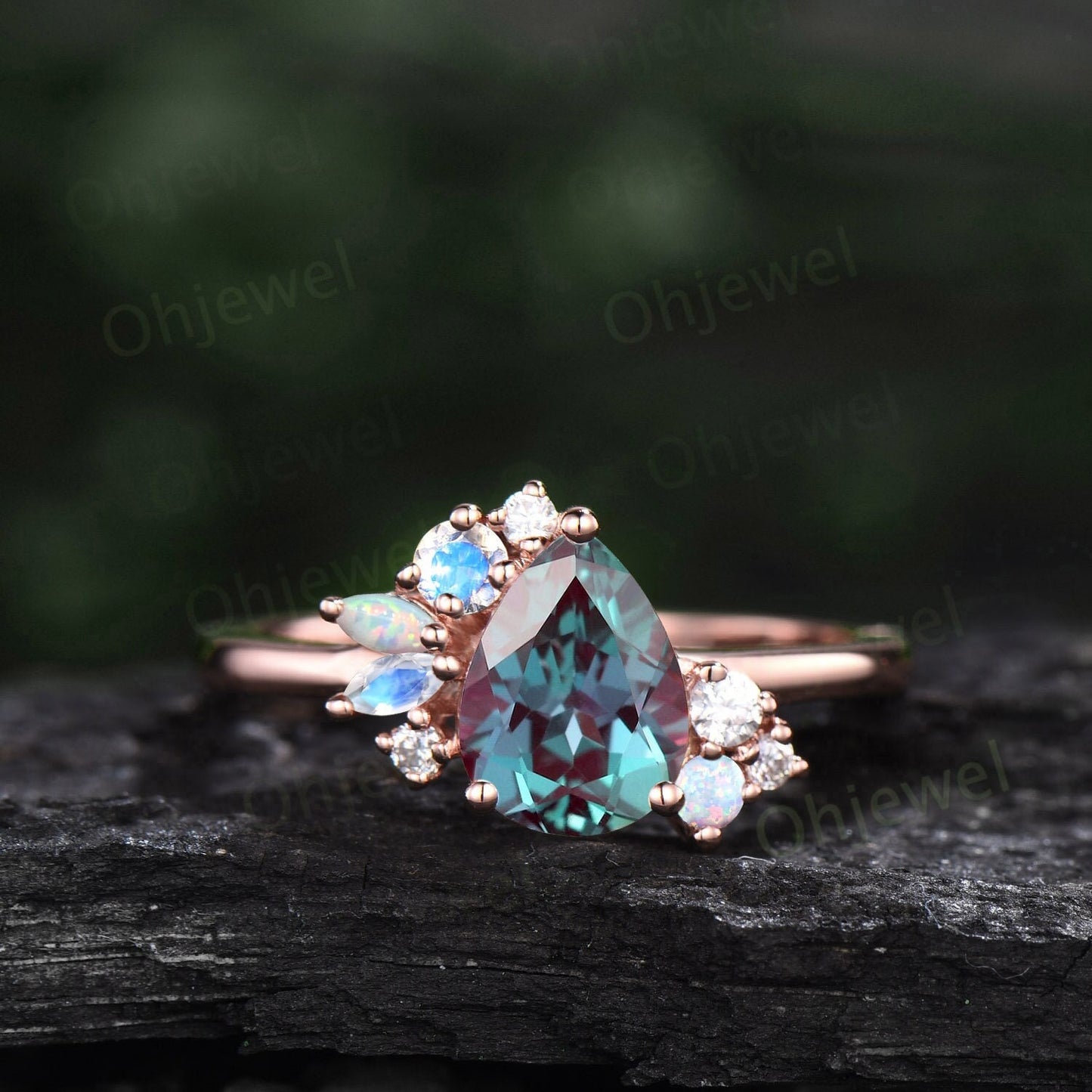 Pear shaped Alexandrite engagement ring 14k rose gold marquise cut moonstone opal ring vintage diamond wedding anniversary ring women gift