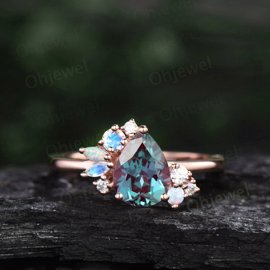 Pear shaped Alexandrite engagement ring 14k rose gold marquise cut moonstone opal ring vintage diamond wedding anniversary ring women gift