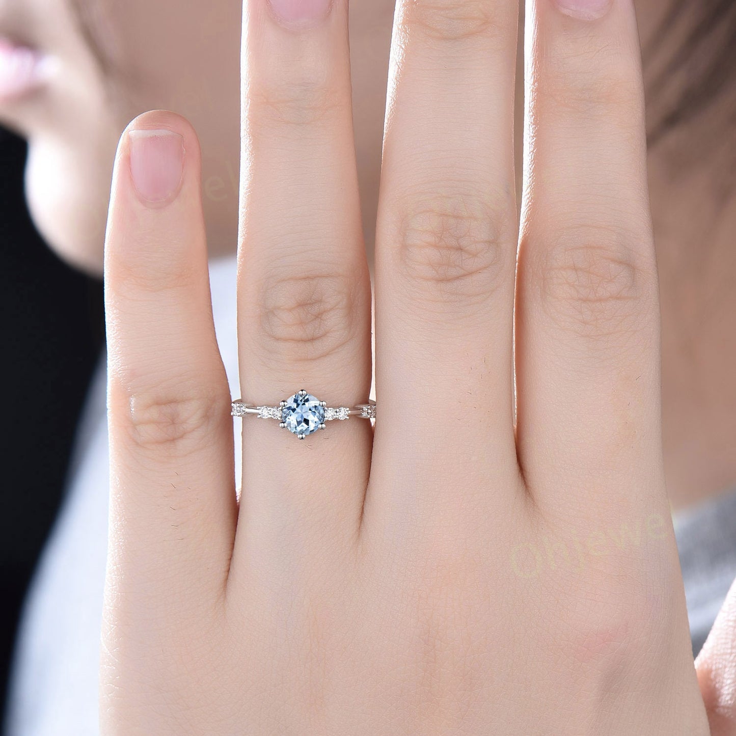 Dainty round cut aquamarine ring gold vintage unique aquamarine engagement ring white gold six prong 7 stone diamond wedding ring for women