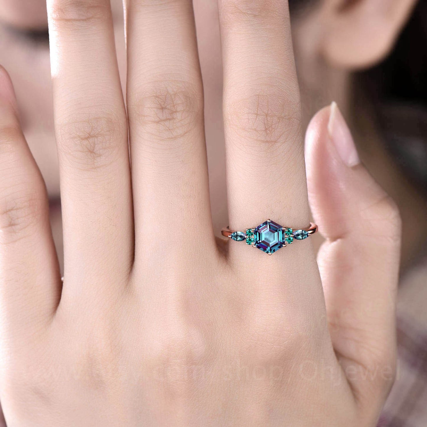 Hexagon cut Alexandrite engagement ring rose gold vintage unique marquise moonstone engagement ring art deco opal wedding ring for women