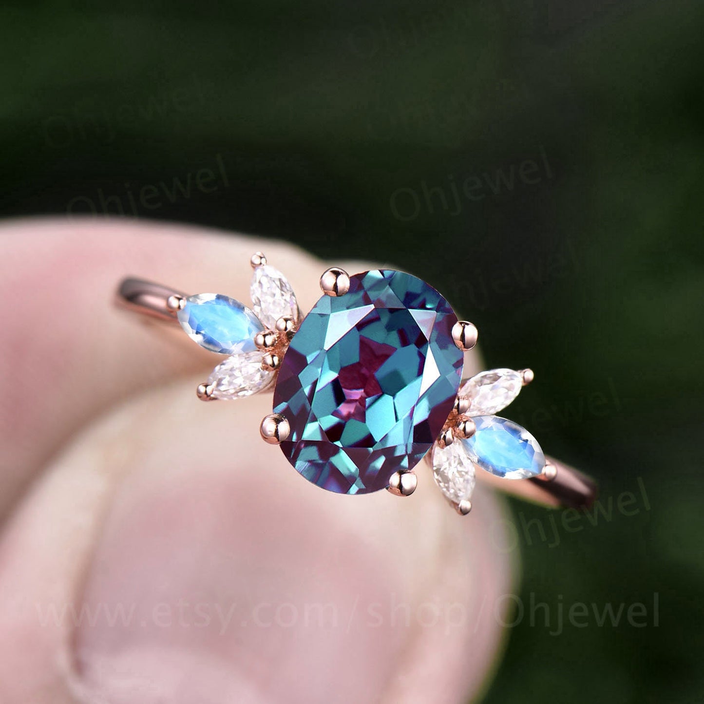 Unique oval cut Alexandrite engagement ring 14k rose gold cluster marquise cut emerald ring vintage anniversary ring women gift for her
