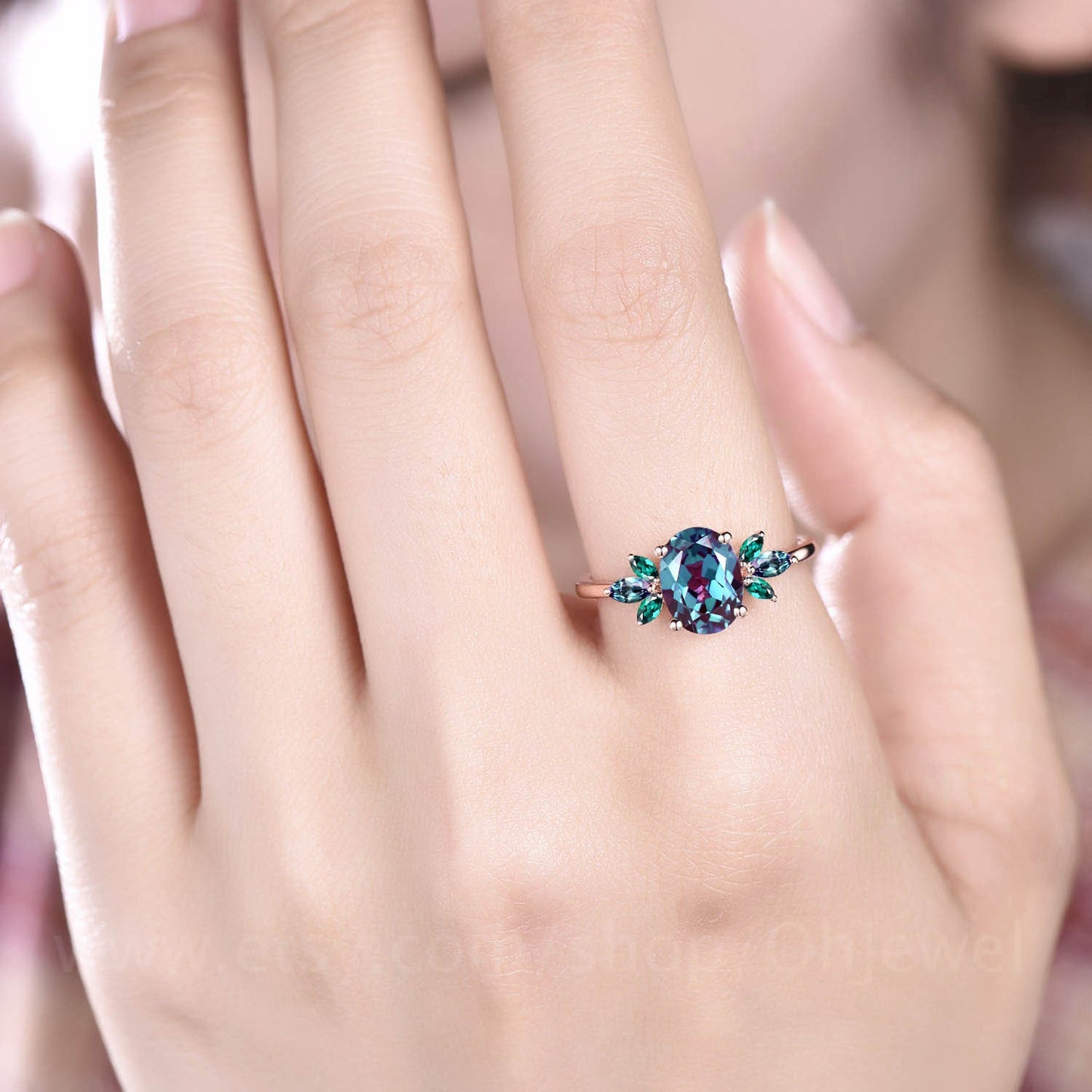 Unique oval cut Alexandrite engagement ring 14k rose gold cluster marquise cut emerald ring vintage anniversary ring women gift for her