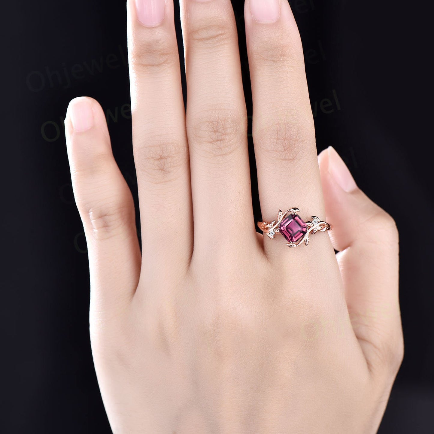 Twig Asscher cut Pink Tourmaline engagement ring 14k rose gold leaf branch three stone diamond ring unique promise wedding ring women gift