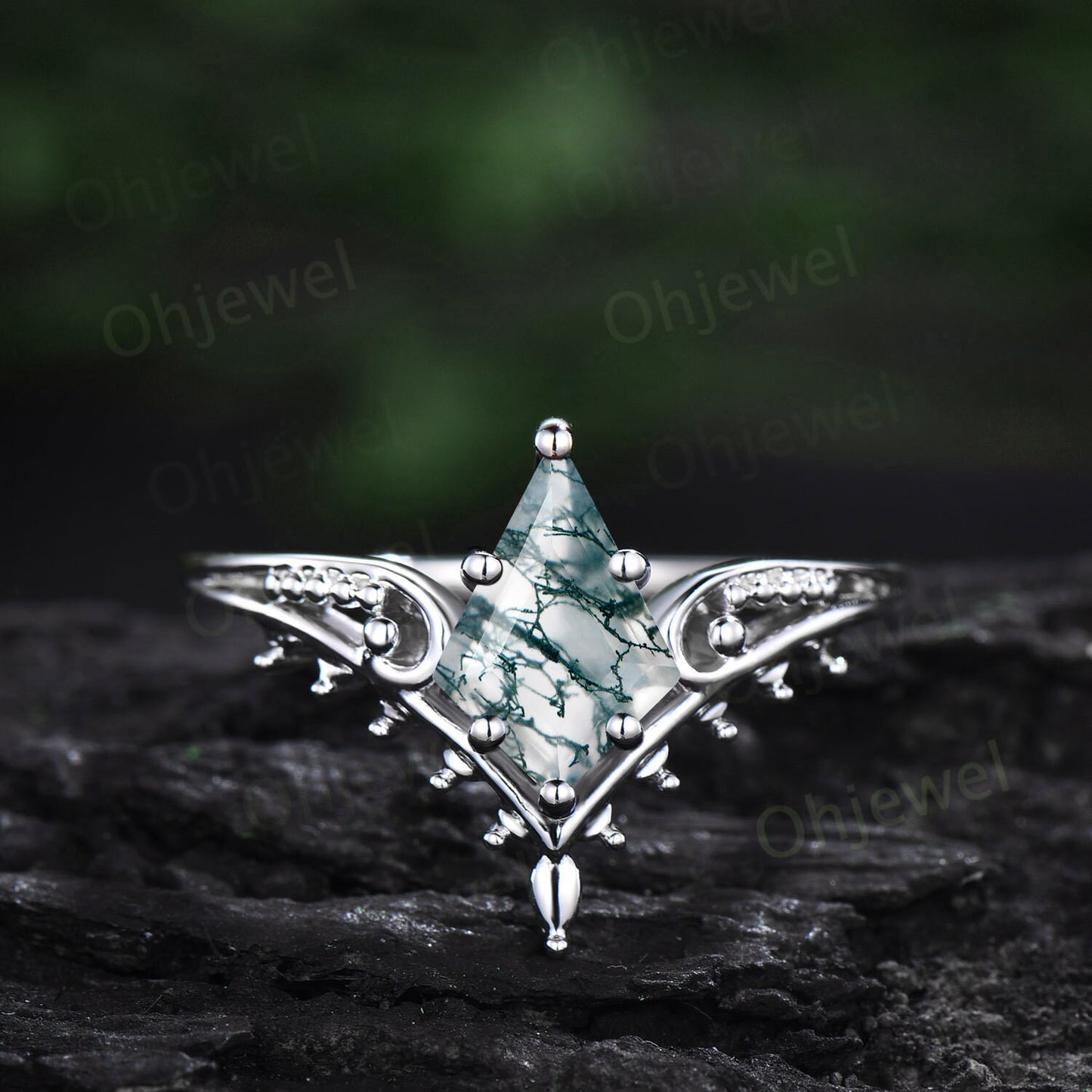 Vintage style kite cut green moss agate engagement ring 14k rose gold unique split shank Solitaire engagement ring women promise ring her