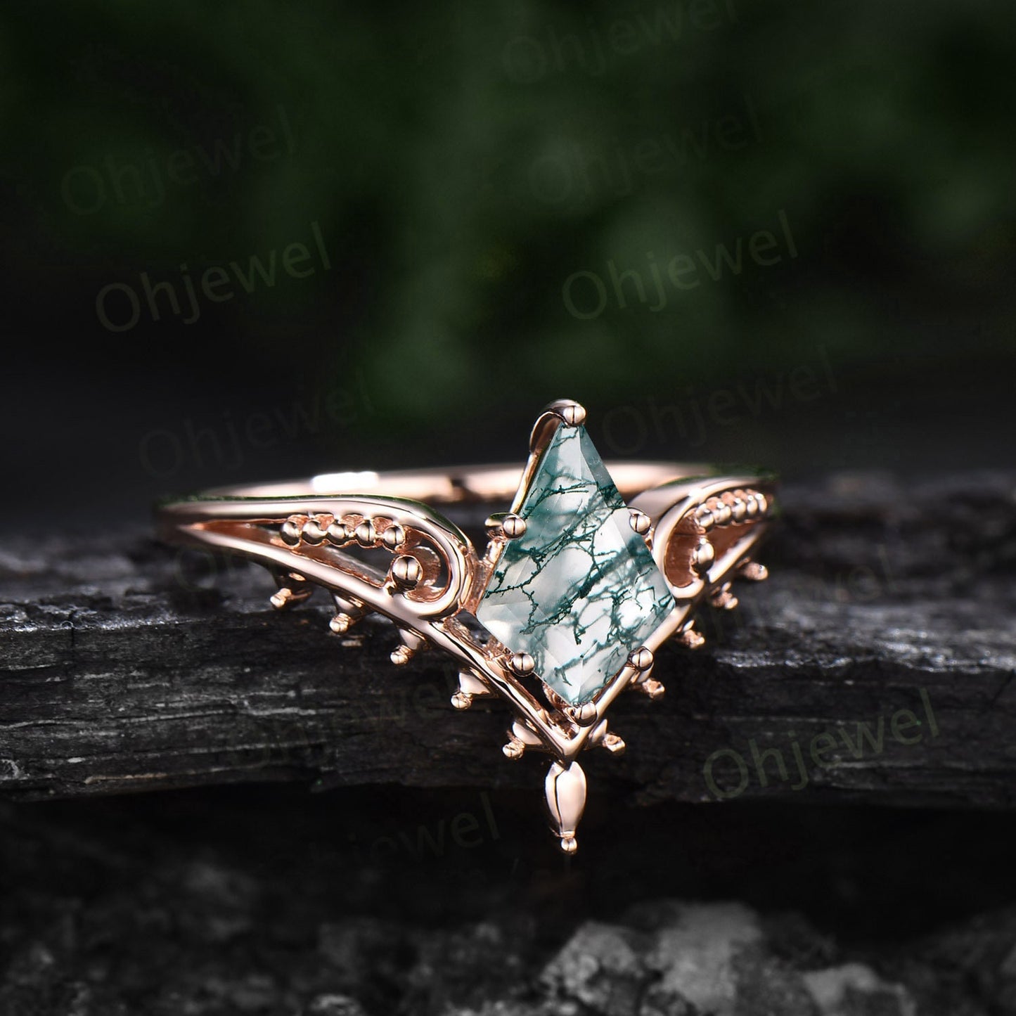 Vintage style kite cut green moss agate engagement ring 14k rose gold unique split shank Solitaire engagement ring women promise ring her