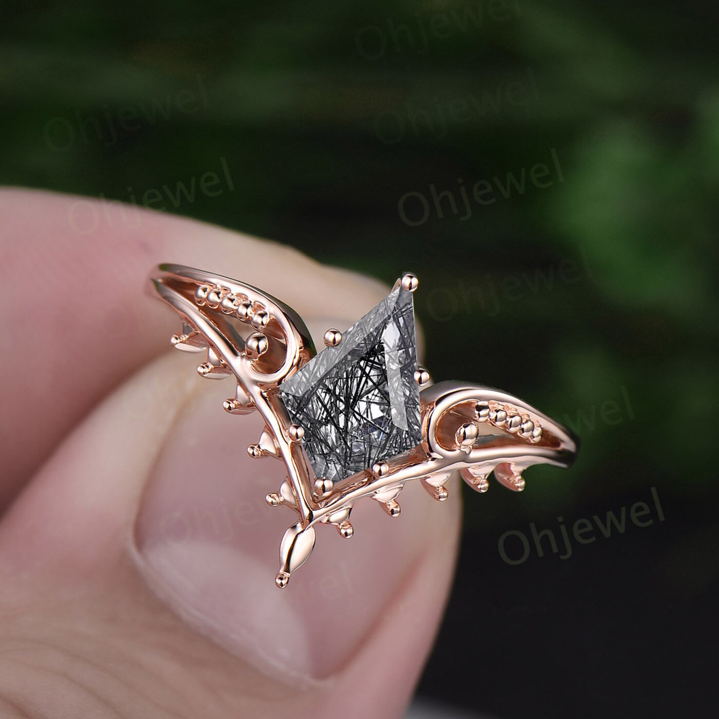 Vintage style kite cut black rutilated quartz ring unique split shank Solitaire engagement ring 14k rose gold women promise wedding ring