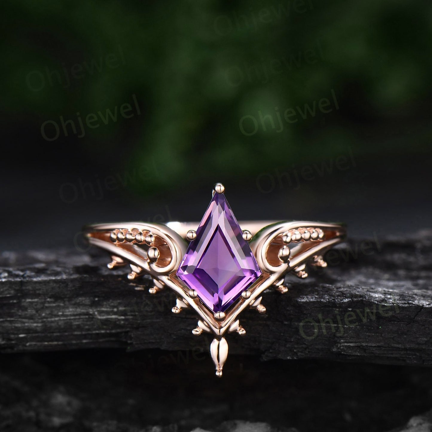 Vintage style kite cut purpleAmethyst ring unique split shank Solitaire engagement ring 14k rose gold antique promise wedding ring women