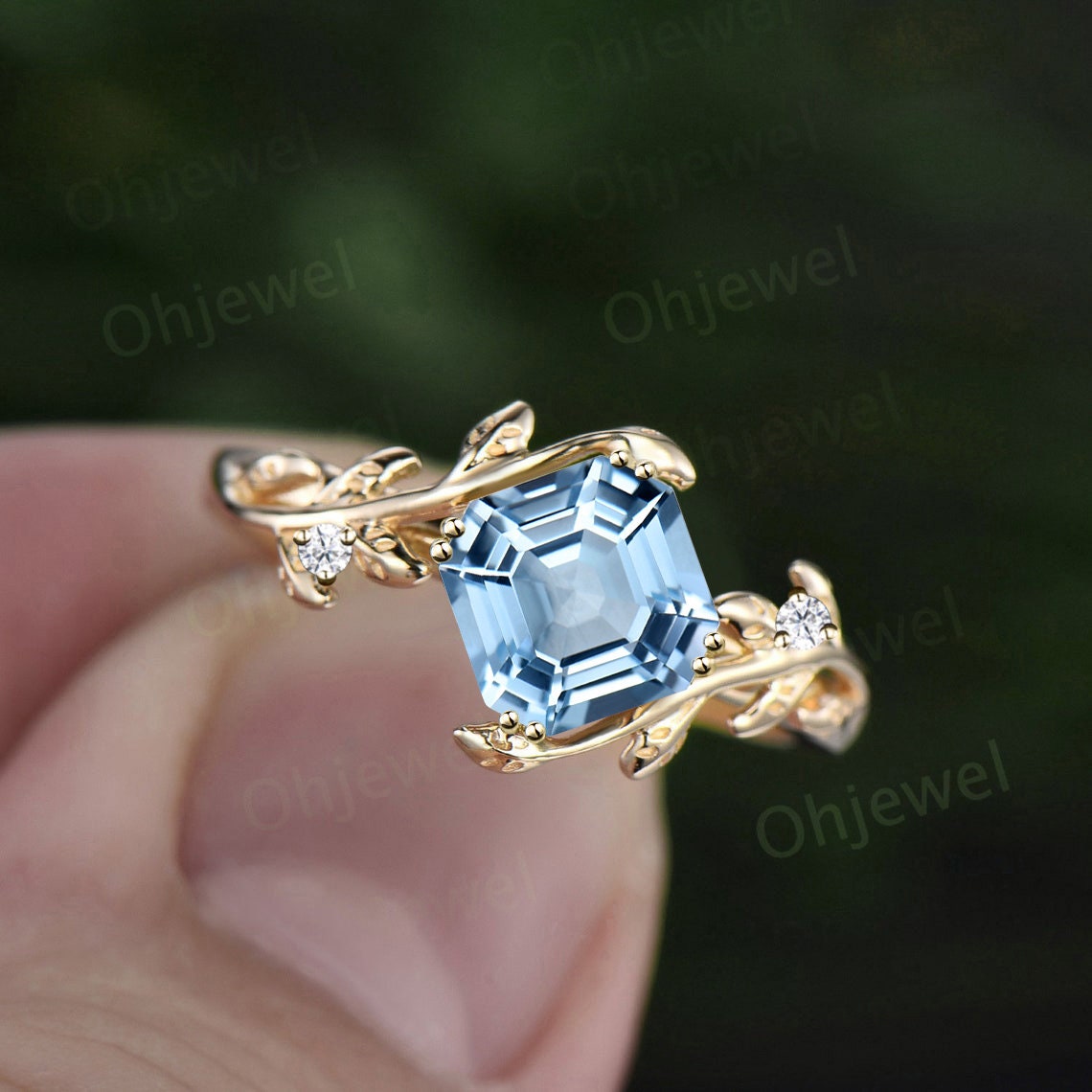 Twig Asscher cut Sky blue topaz engagement ring 14k rose gold leaf branch three stone diamond ring unique promise wedding ring women gift