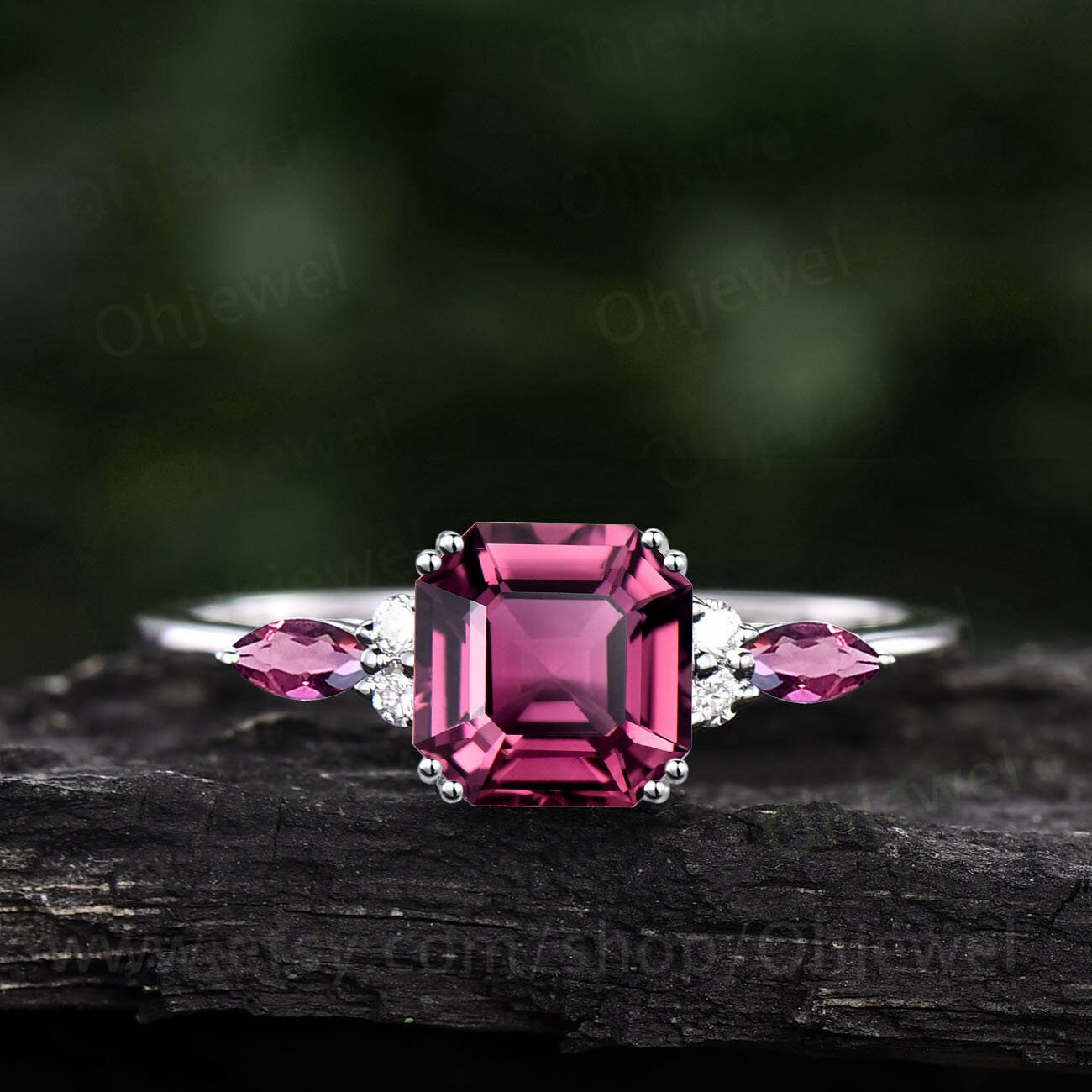Unique Asscher cut Pink Tourmaline engagement ring set solid 14k rose gold art deco diamond wedding bridal ring set for women fine jewelry