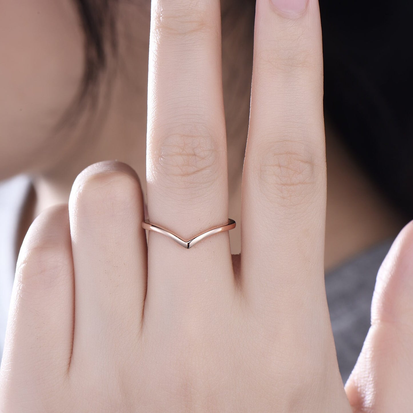 Curved V shaped wedding band solid 14k rose gold solitaire stacking wedding ring band dainty Minimalist anniversary ring women gift for her