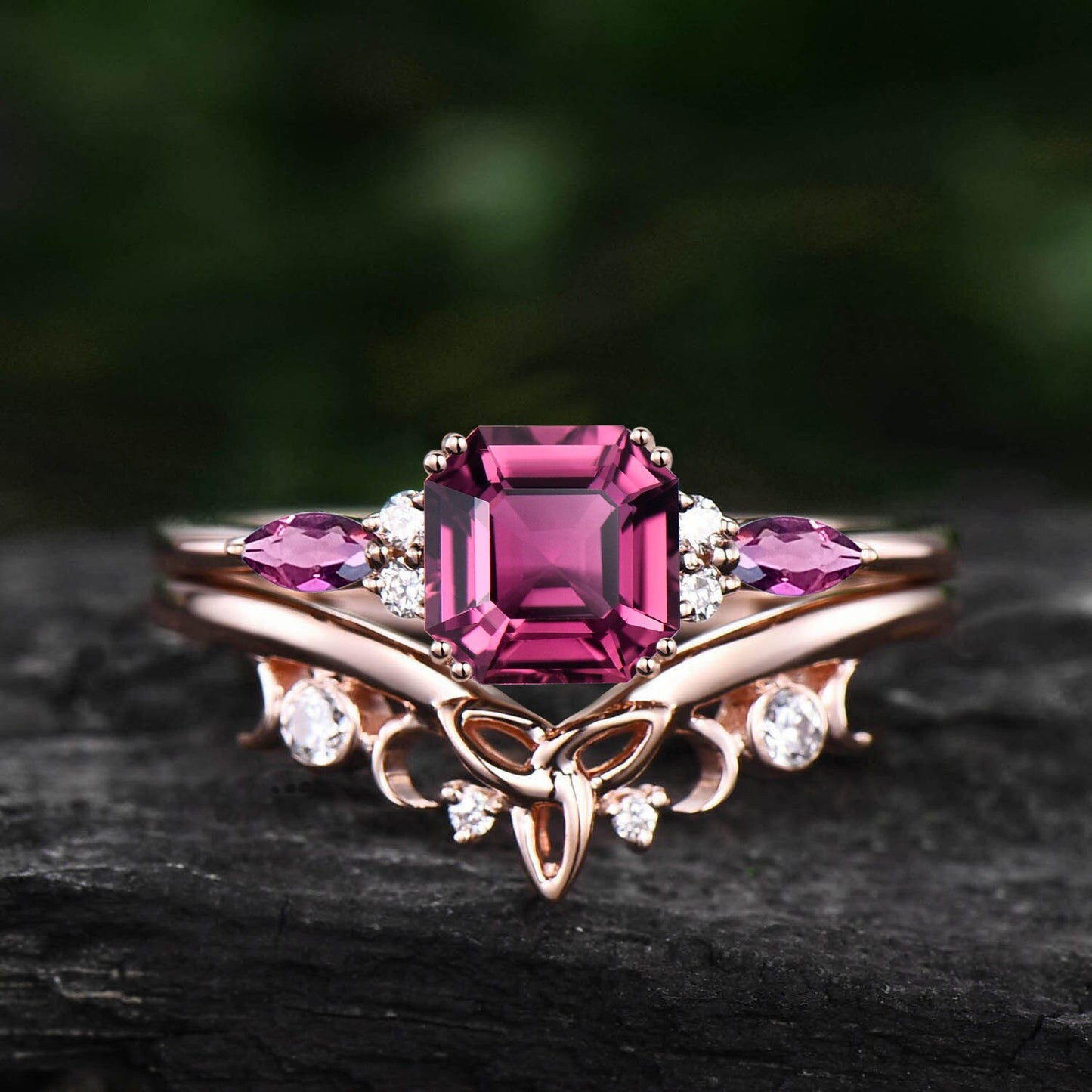 Unique Asscher cut Pink Tourmaline engagement ring set solid 14k rose gold art deco diamond wedding bridal ring set for women fine jewelry