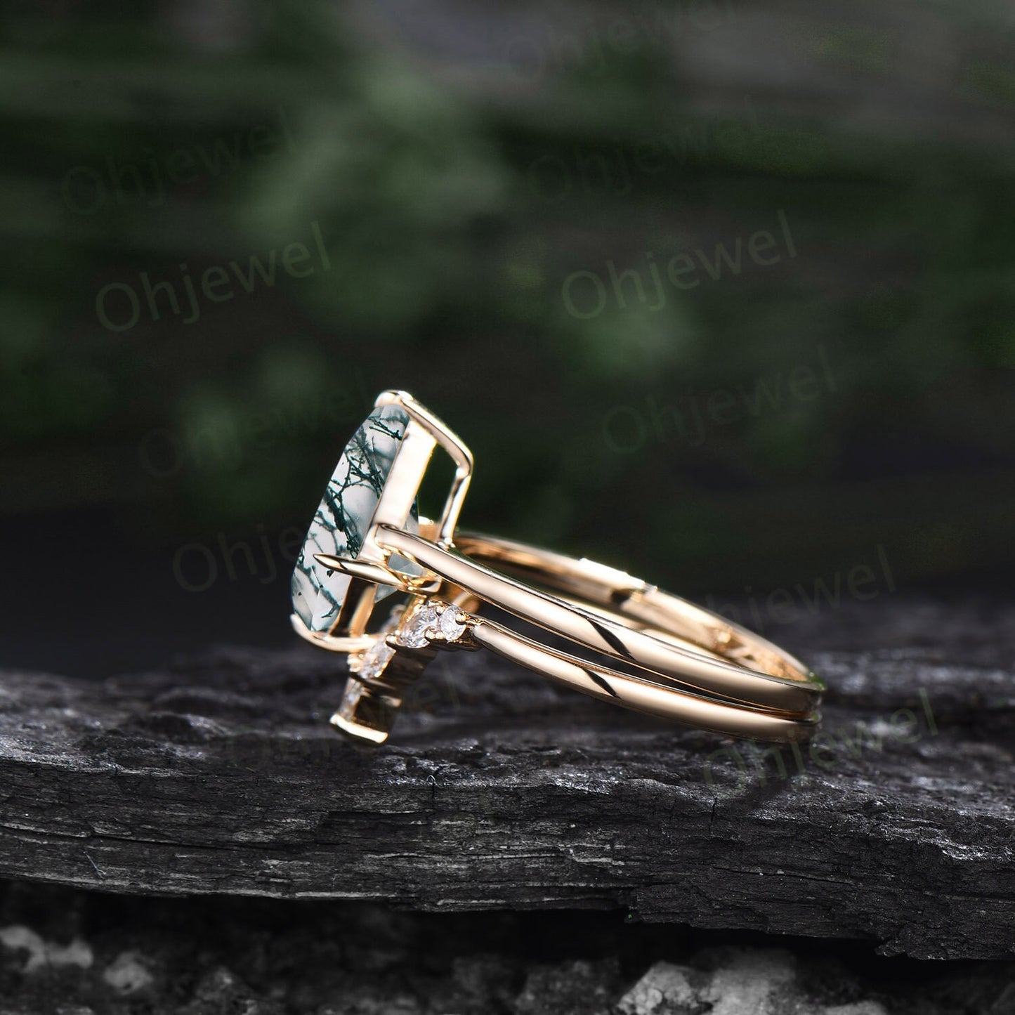 7x10mm kite cut green moss agate ring 14k yellow gold unique Solitaire engagement ring set for women Minimalist moissanite wedding ring band