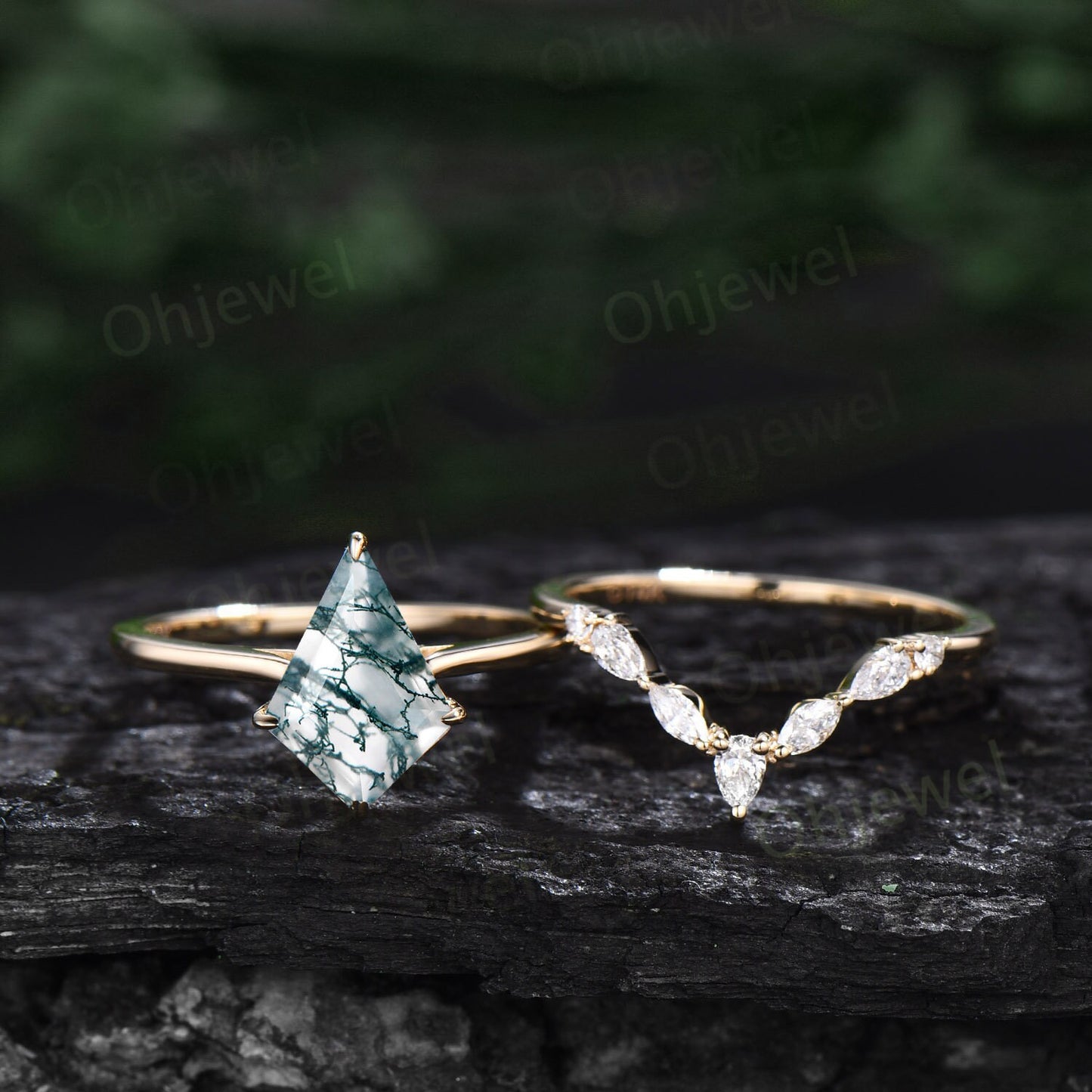 7x10mm kite cut green moss agate ring 14k yellow gold unique Solitaire engagement ring set for women Minimalist moissanite wedding ring band