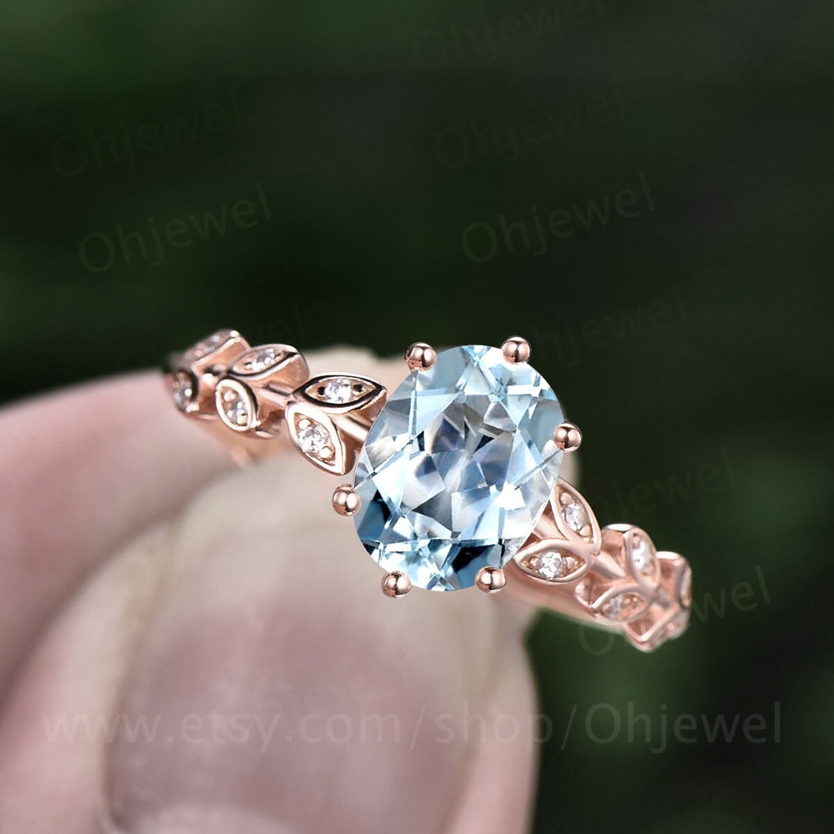 1.5ct oval cut Aquamarine engagement ring solid 14k rose gold art deco branches leaf Leaves twig nature inspired unique wedding ring women