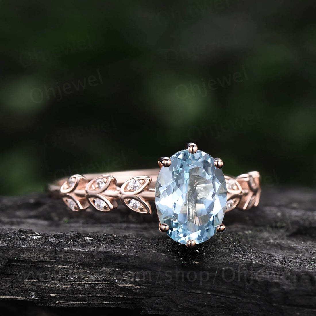 1.5ct oval cut Aquamarine engagement ring solid 14k rose gold art deco branches leaf Leaves twig nature inspired unique wedding ring women