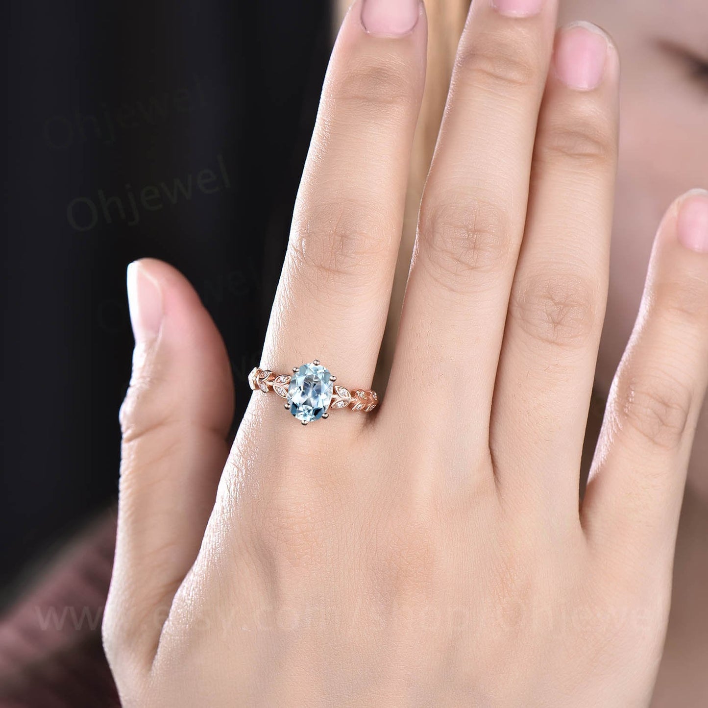1.5ct oval cut Aquamarine engagement ring solid 14k rose gold art deco branches leaf Leaves twig nature inspired unique wedding ring women