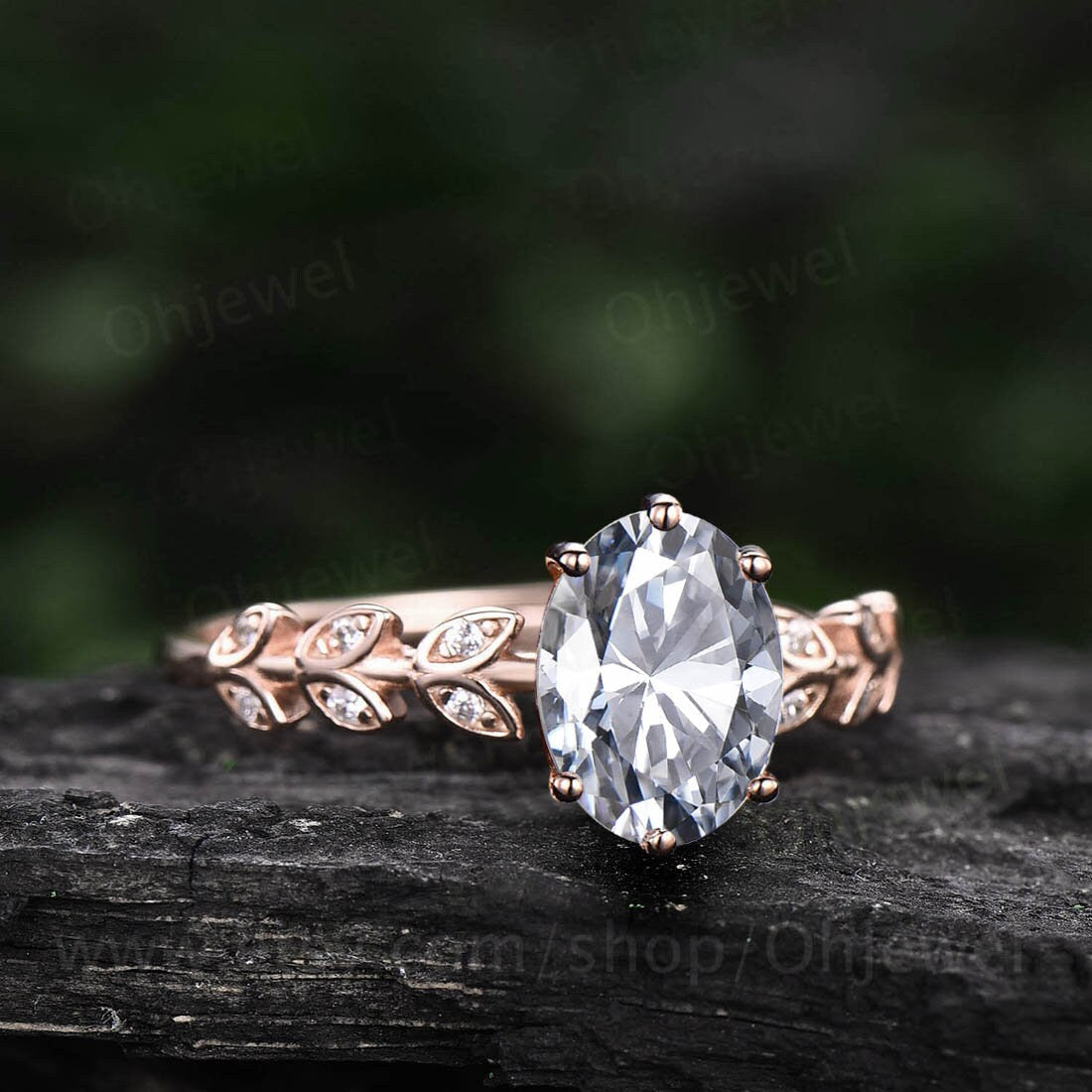 1.5ct oval cut gray moissanite engagement ring solid 14k rose gold art deco branches leaf twig nature inspired unique wedding ring for women