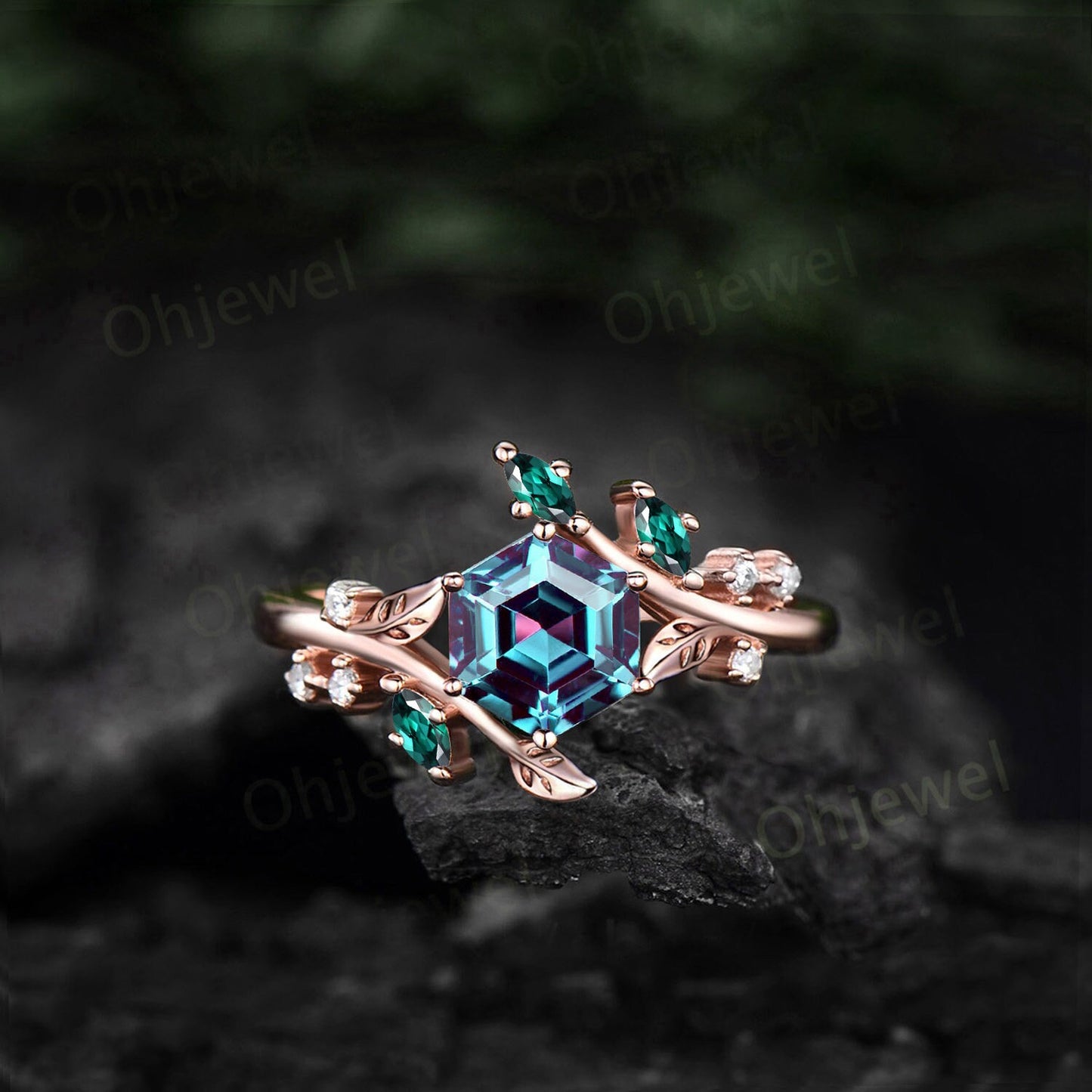 Twig Hexagon cut Alexandrite engagement ring solid 14k rose gold leaf Nature inspired branches moonstone wedding anniversary ring women gift