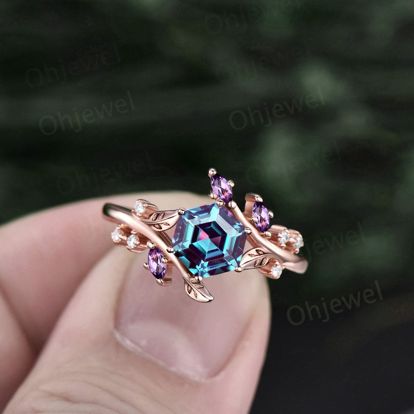 Twig Hexagon cut Alexandrite engagement ring solid 14k rose gold leaf Nature inspired branches moonstone wedding anniversary ring women gift