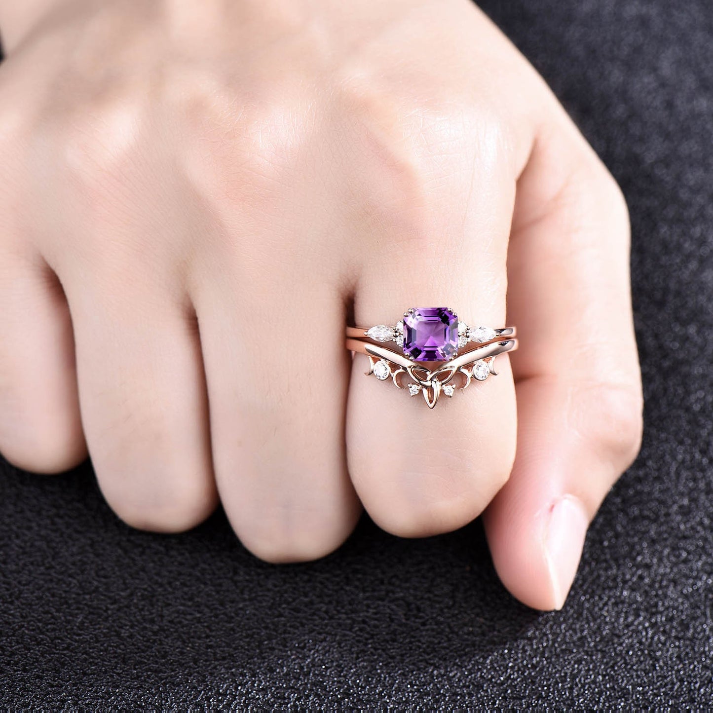 Asscher cut natural purple Amethyst engagement ring set solid 14k rose gold art deco unique diamond wedding bridal ring set women jewelry