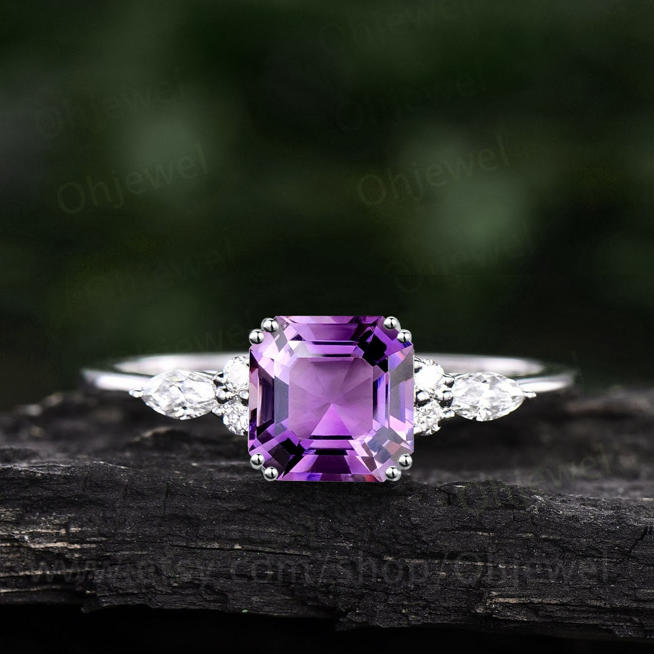 Asscher cut natural purple Amethyst engagement ring set solid 14k rose gold art deco unique diamond wedding bridal ring set women jewelry