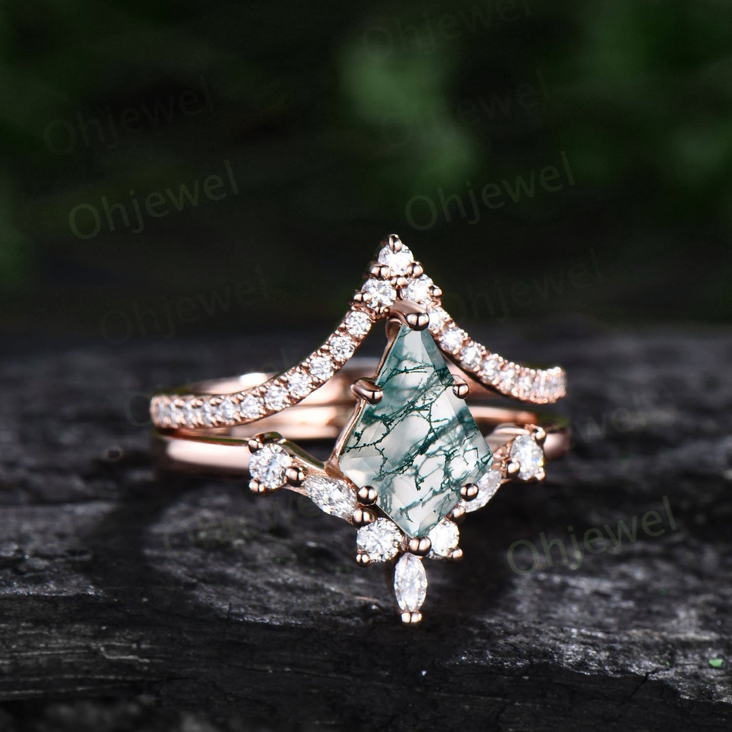 6 prong kite cut green moss agate engagement ring set 14k rose gold marquise diamond vintage unique wedding promise anniversary ring women