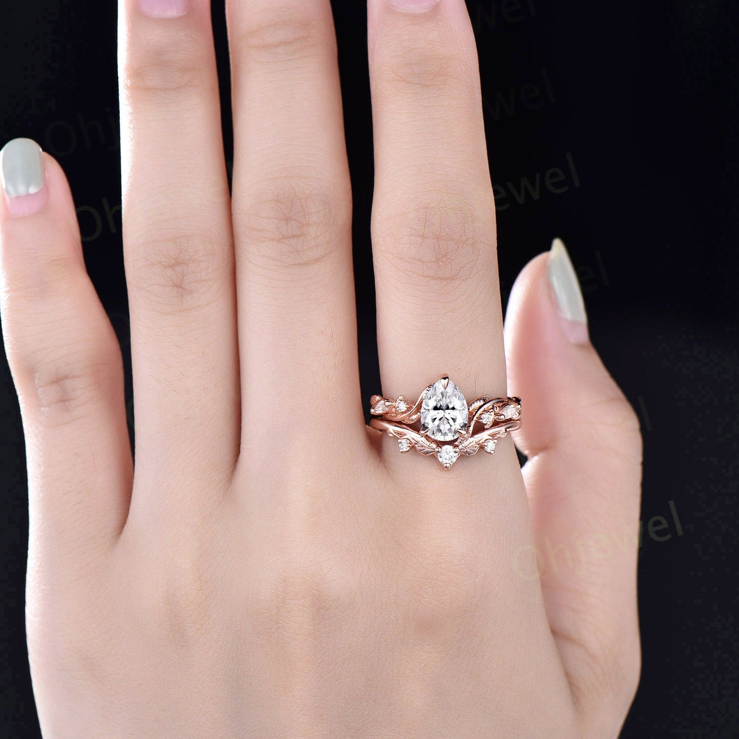 Unique pear shaped Moissanite engagement ring set solid 14k rose gold Twig branch leaf nature inspired diamond anniversary ring women gift