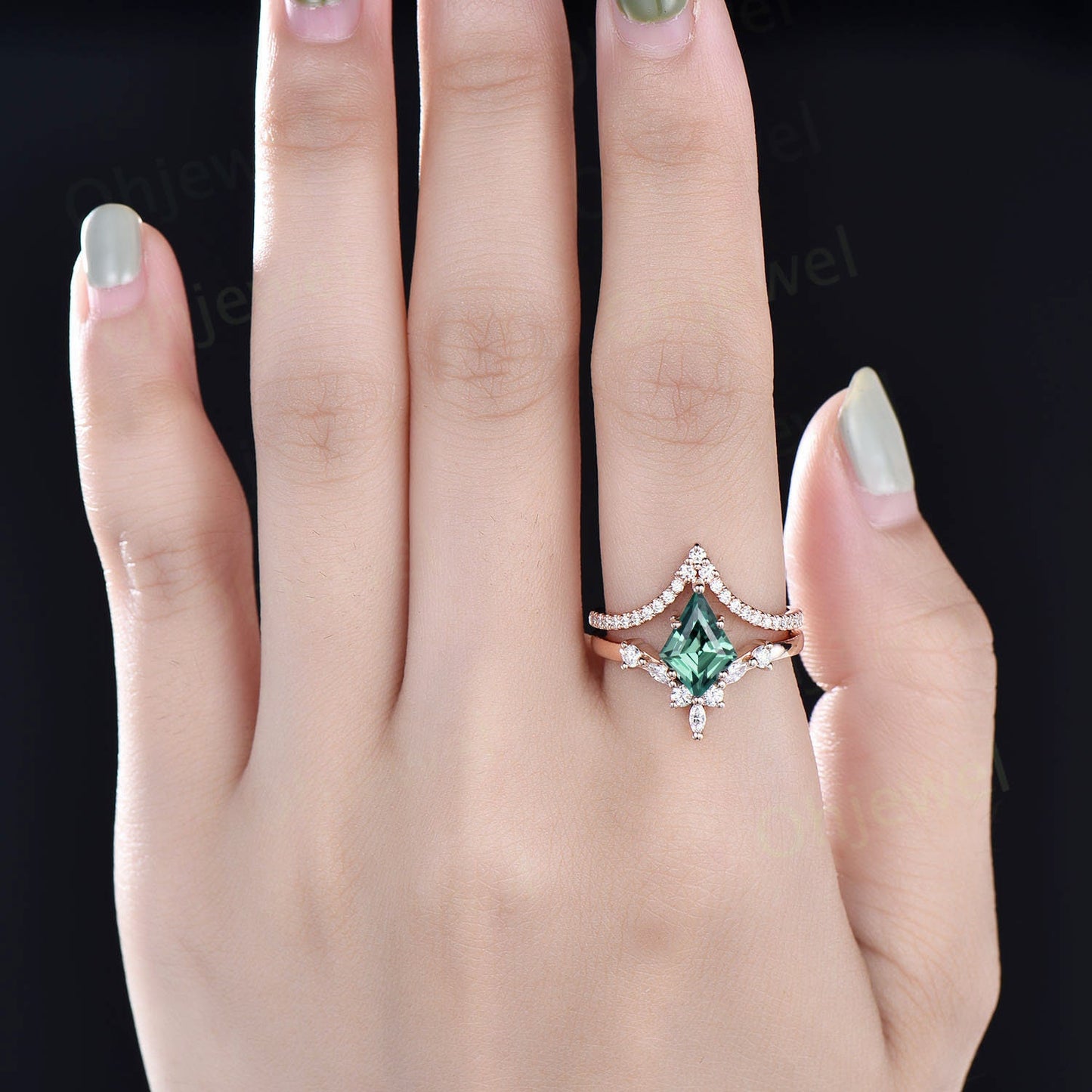 7x10mm kite cut teal green sapphire engagement ring set 14k rose gold 6 prong marquise cut diamond wedding promise anniversary ring women