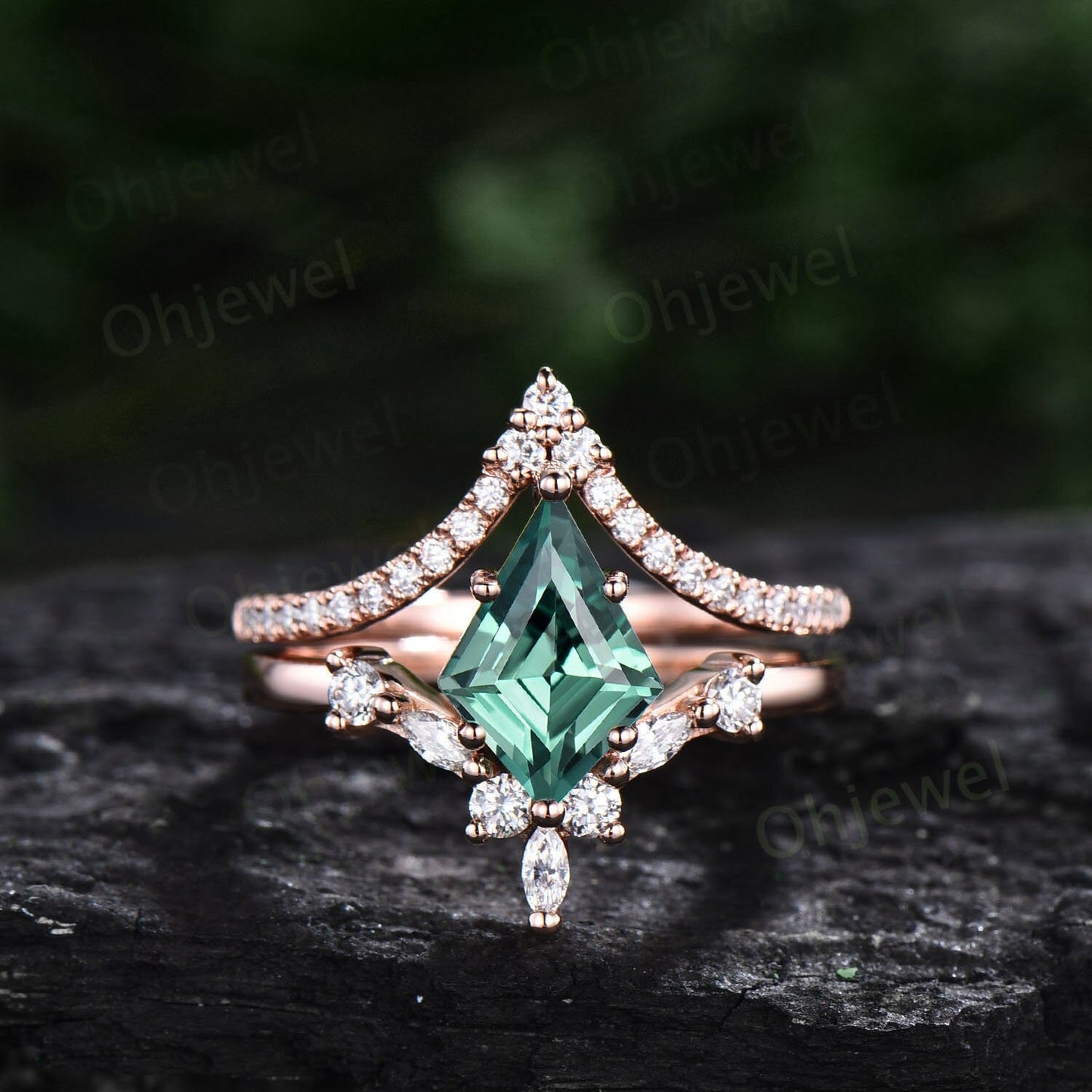 7x10mm kite cut teal green sapphire engagement ring set 14k rose gold 6 prong marquise cut diamond wedding promise anniversary ring women